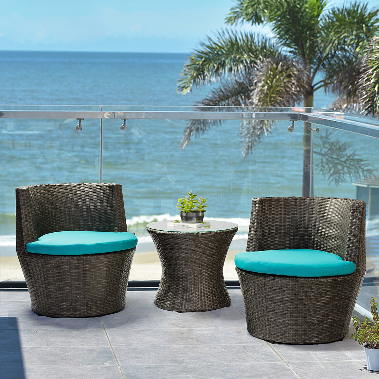 Outdoor Patio Bistro Table Set 3 Piece Rattan Seating Group with Cushions - Atlantic Fine Furniture Inc