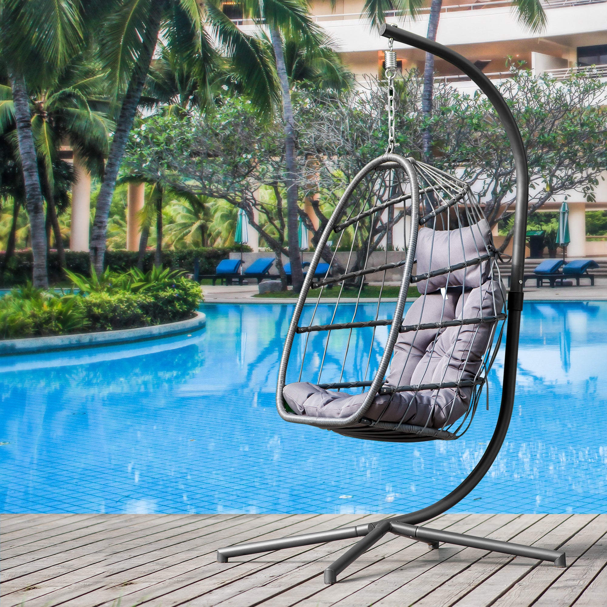 In door outdoor patio Wicker Hanging Chair Swing Chair Patio Egg Chair UV Resistant grey cushion Aluminum frame - Atlantic Fine Furniture Inc