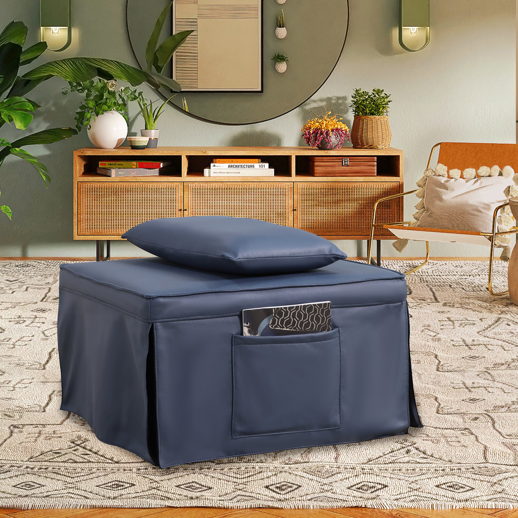 Sofa Bed 4 in 1 Ottoman Sleeper Bed Convertible Chair Bed with Adjustable Back Breathable Sleeper Guest Bed for Small Room, Blue - Atlantic Fine Furniture Inc