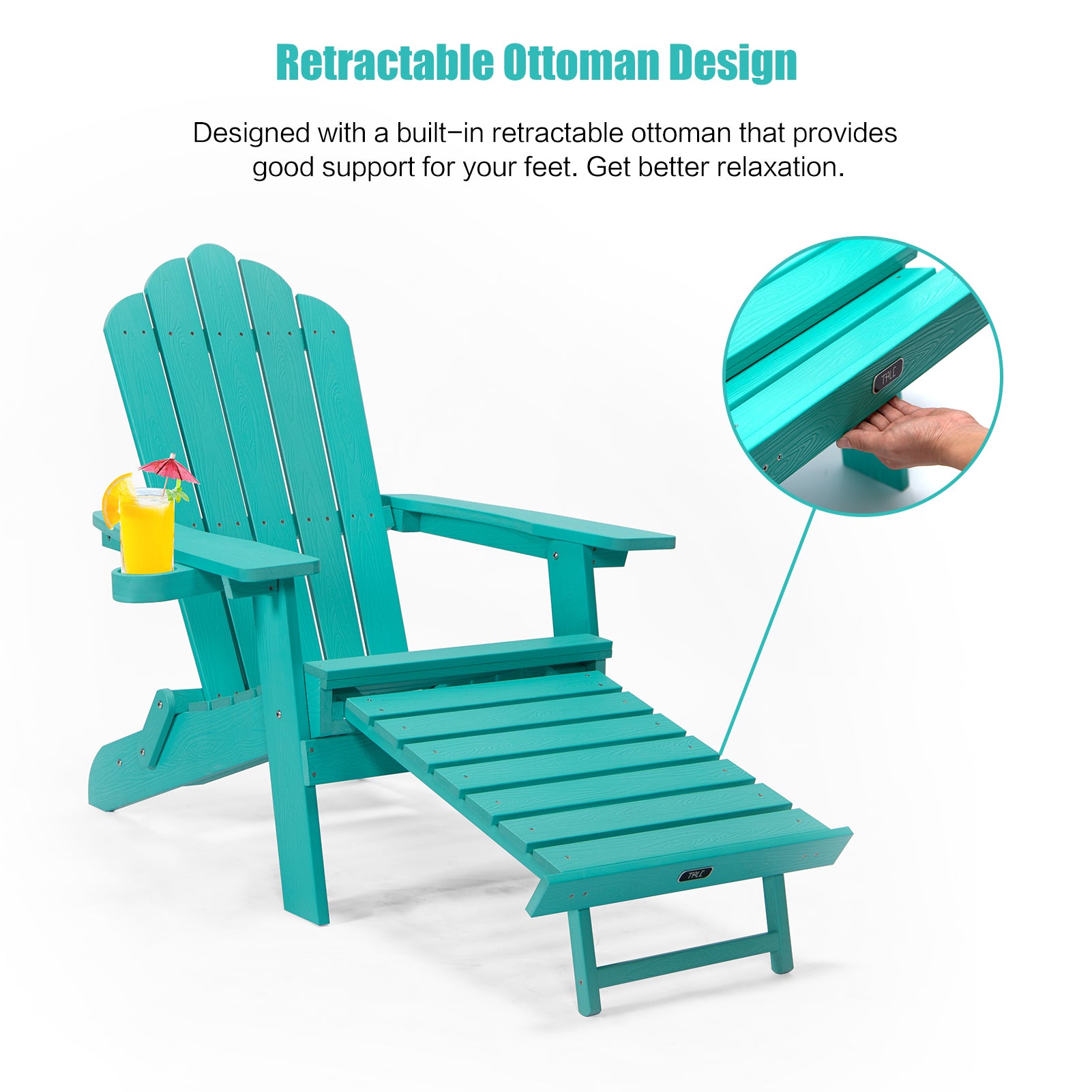 TALE Folding Adirondack Chair with Pullout Ottoman with Cup Holder, Oversized, Poly Lumber, for Patio Deck Garden, Backyard Furniture, Easy to Install,GREEN. Banned from selling on Amazon - Atlantic Fine Furniture Inc