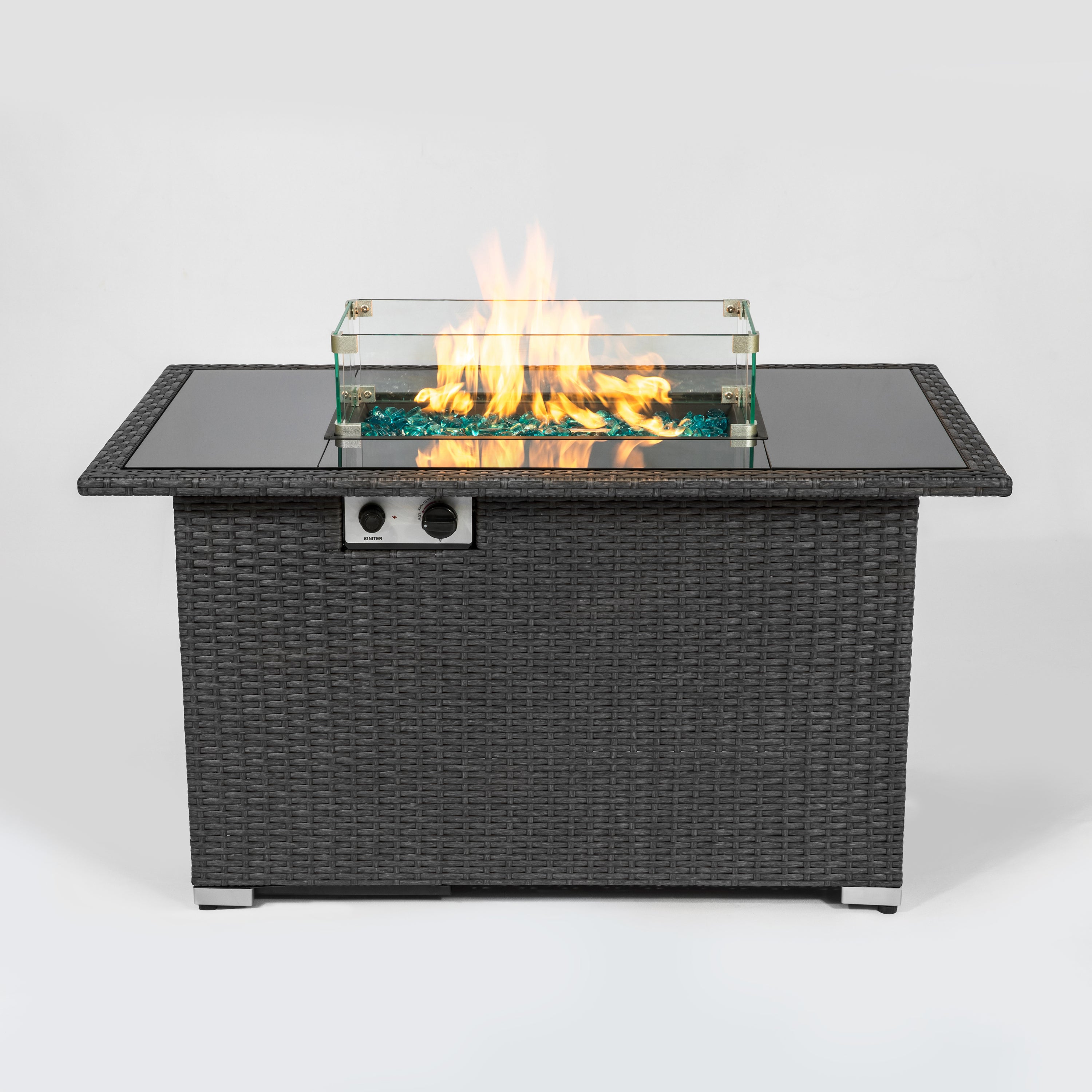 Outdoor 44" Gas Propane Fire pit Table Rectangle 50,000 BTU with 8mm Tempered Glass Tabletop & Blue Stone& Steel table lid &Table waterproof dusty Cover ,ETL Certification (Grey) - Atlantic Fine Furniture Inc