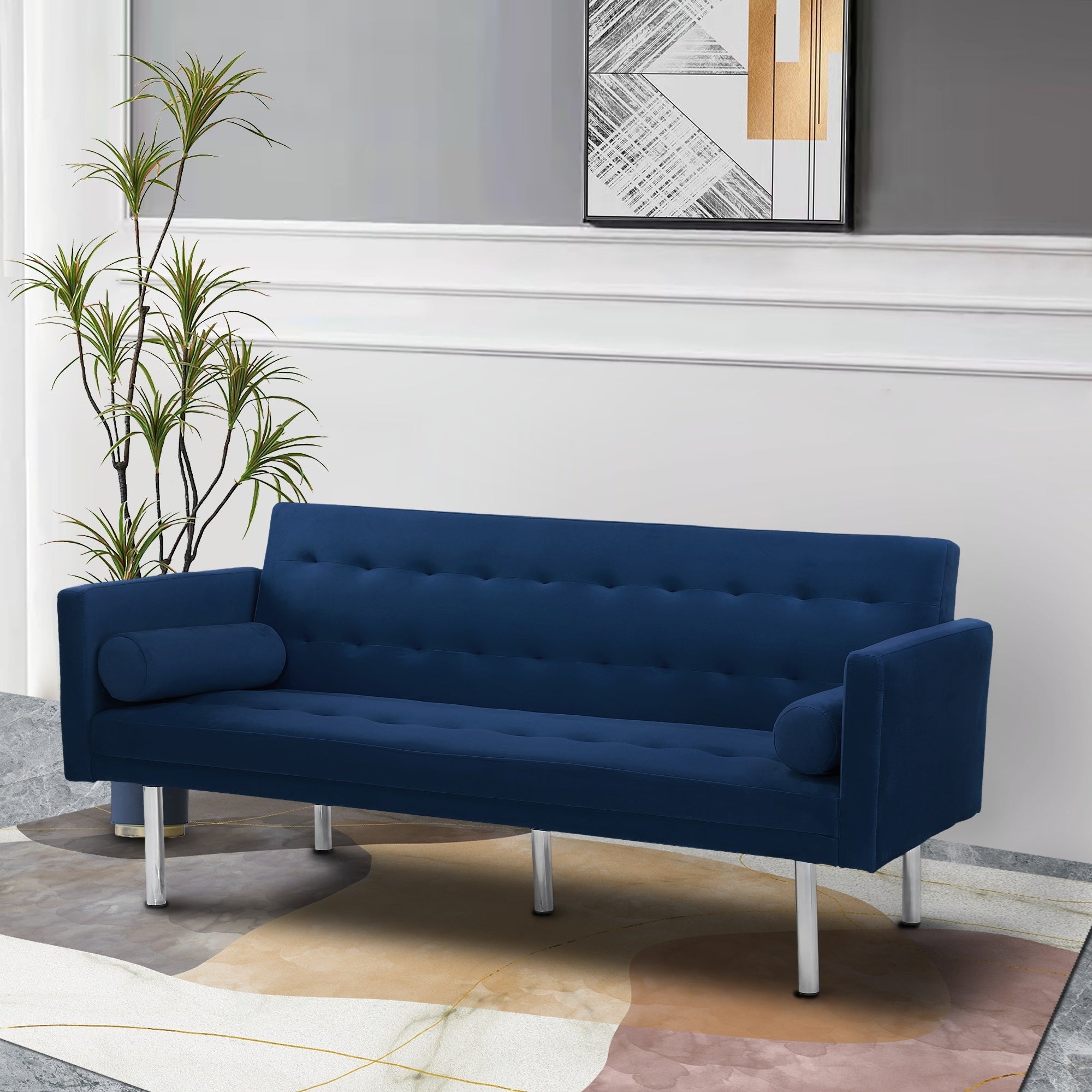 Square arm sleeper sofa Navy Blue Velvet ***Not available for sale on Walmart*** - Atlantic Fine Furniture Inc