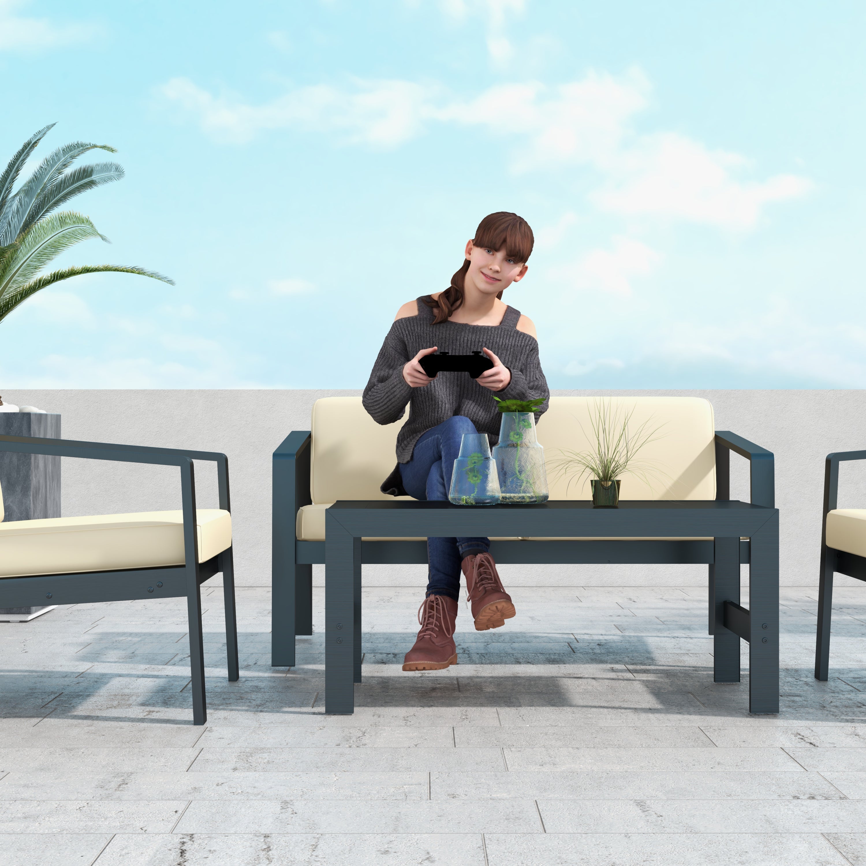 Outdoor Patio Furniture Double Armchair with Cushions in stripe for Restaurant Outdoor courtyard Garden Open-air balcony Poolside,Black aluminum fram,Modern Design - Atlantic Fine Furniture Inc