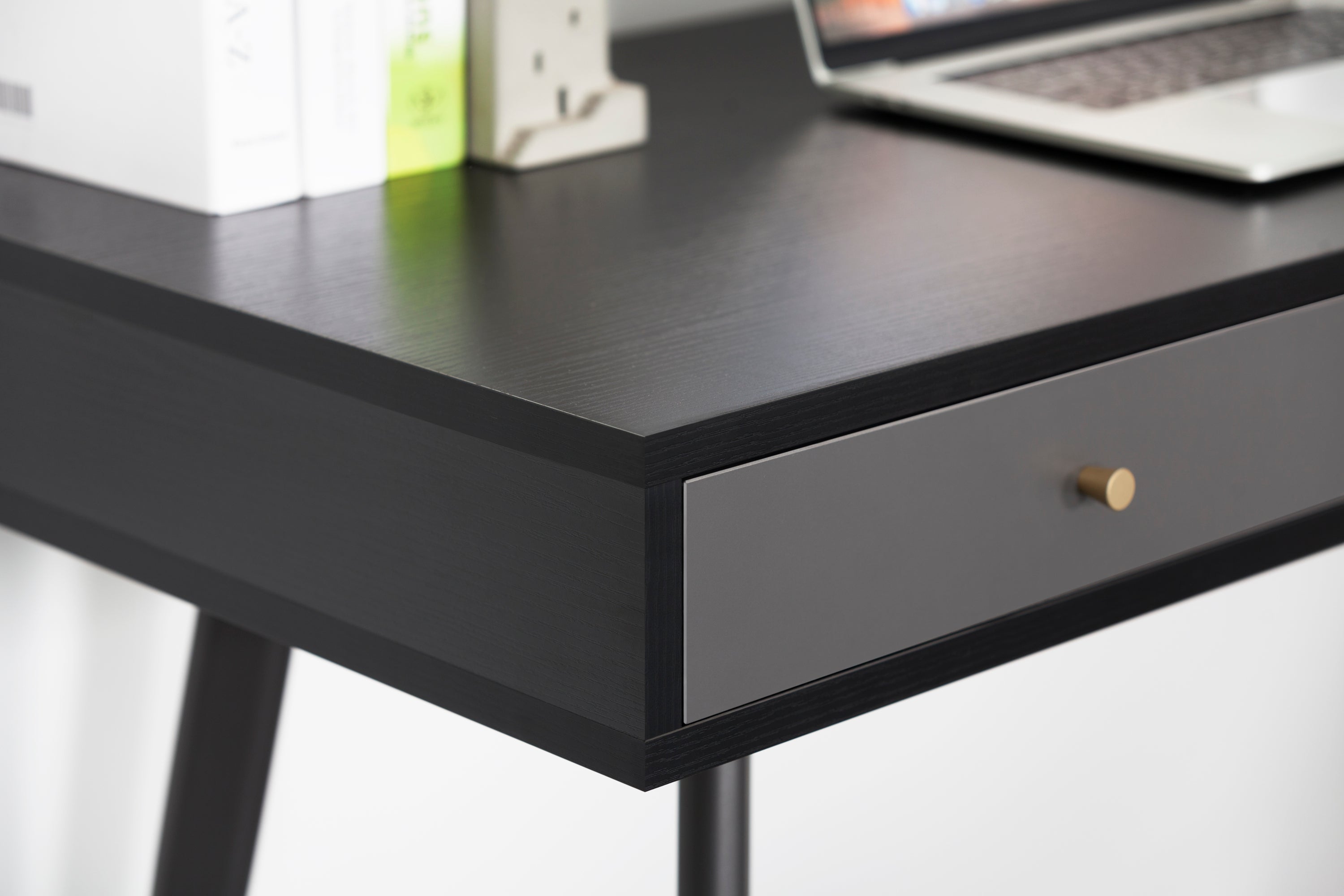 Modern Mid Century Desk 47" | Computer Desk with 3 Drawers, Black Wood Board with Oak Grain (Black Oak + Dark Grey),for Home Office - Atlantic Fine Furniture Inc