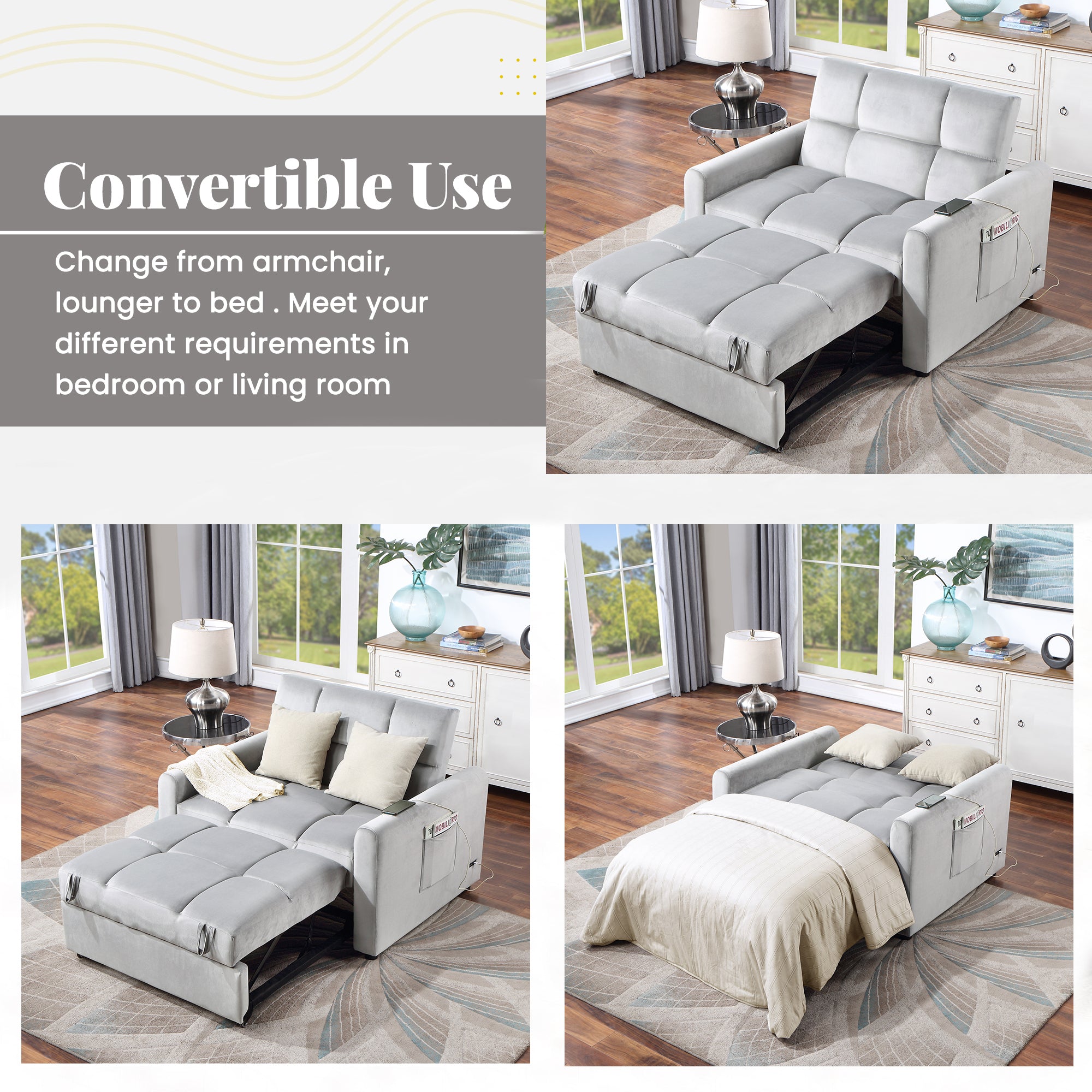 Orisfur. 50" Convertible Sleeper Bed, Adjustable Oversized Armchair with Dual USB Ports for Small Space - Atlantic Fine Furniture Inc
