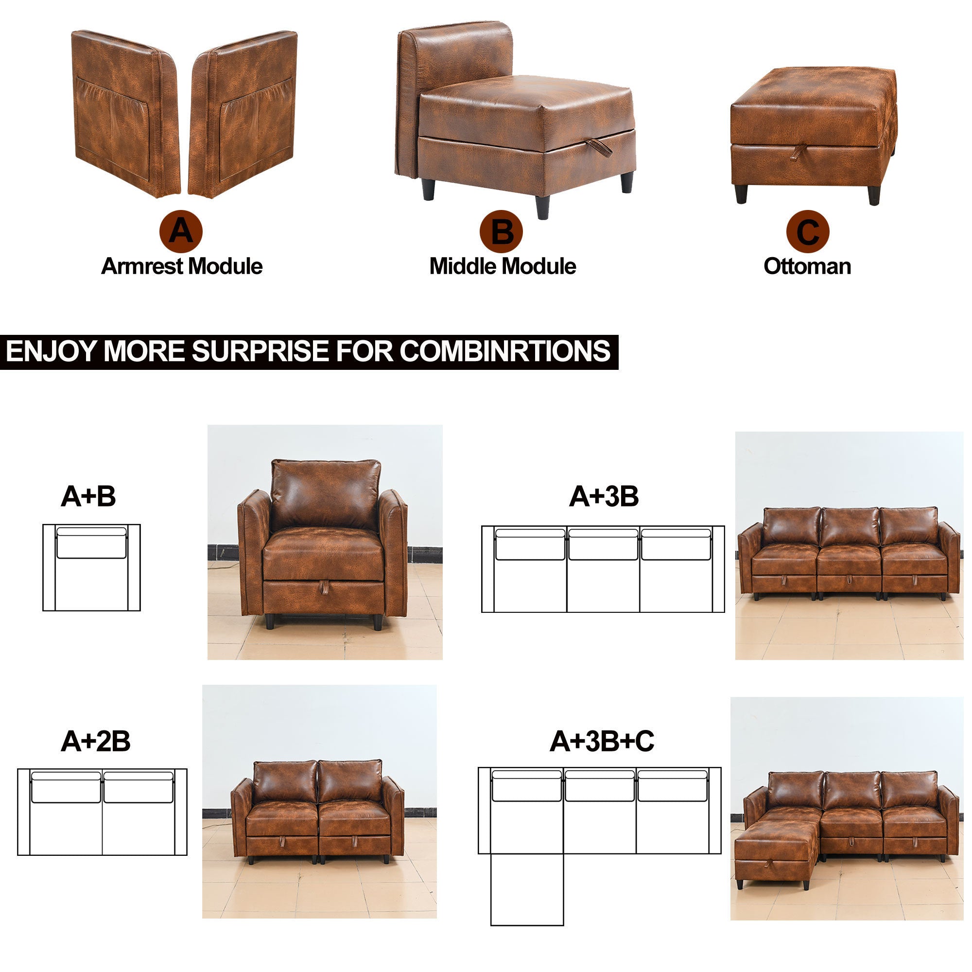 Welike Modular combination sofa L&U type convertible sofa with reversible upholstered storage seat with sleeper sofa brown tech cloth - Atlantic Fine Furniture Inc