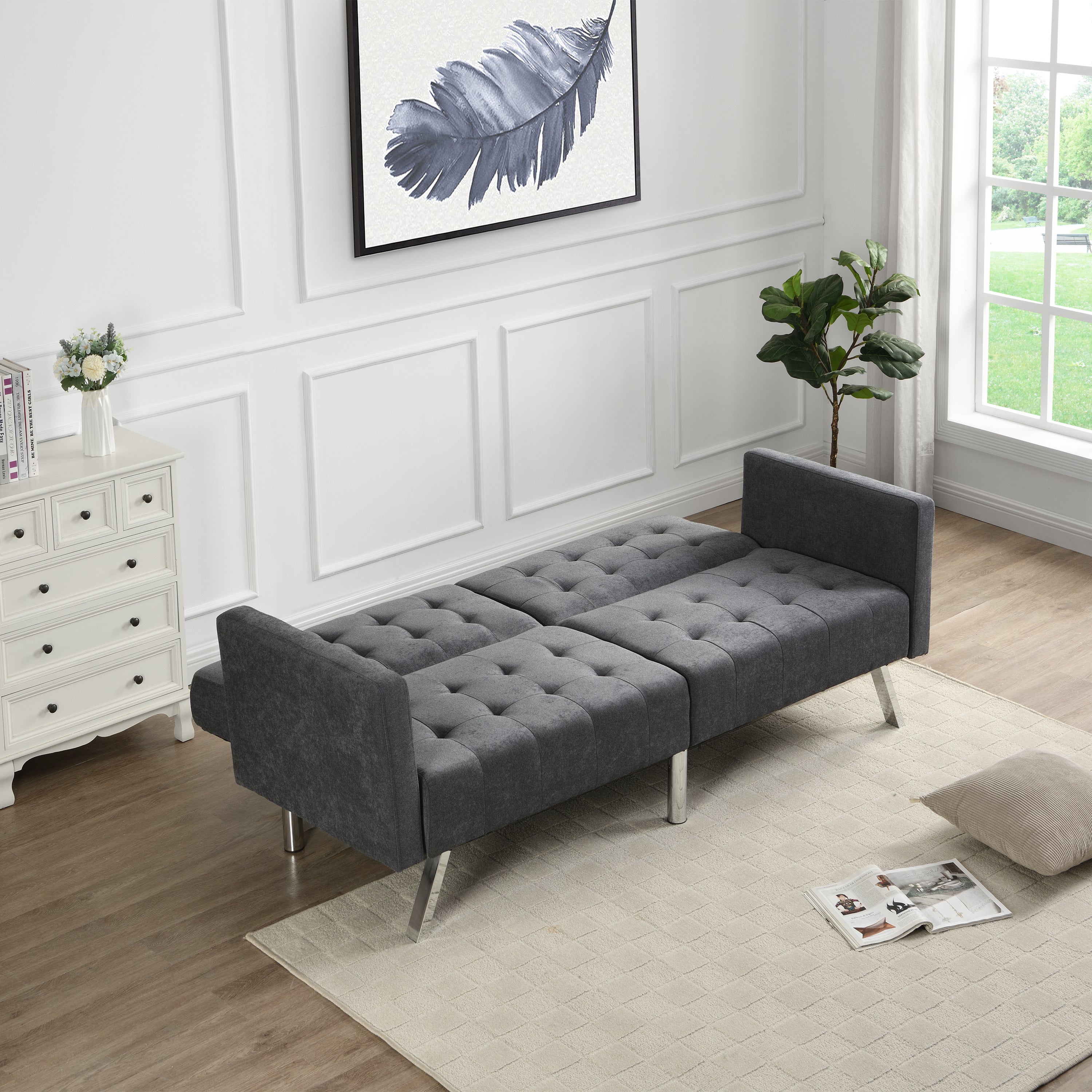 Sofa Bed Convertible Folding Dark Grey Lounge Couch Loveseat Sleeper Sofa Armrests Living Room Bedroom Apartment Reading Room - Atlantic Fine Furniture Inc