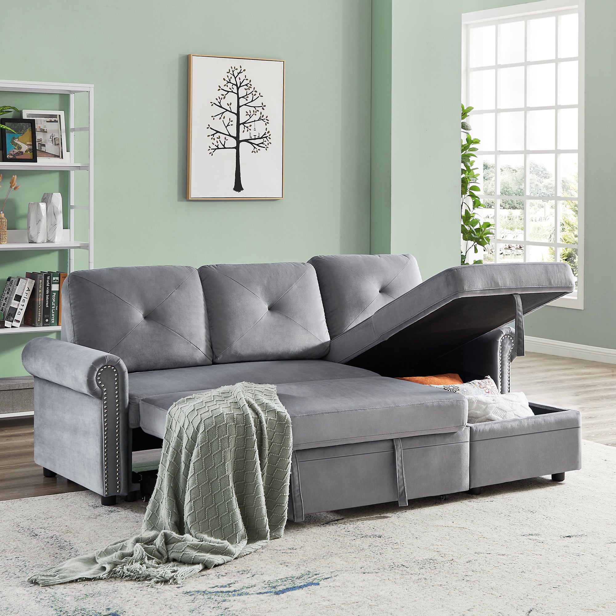 Orisfur. 83" Sleeper Sofa Bed Convertible Sectional Couch, 3-Seater L-Shape Corner Couch with Storage Chaise for Living Room Apartment - Atlantic Fine Furniture Inc