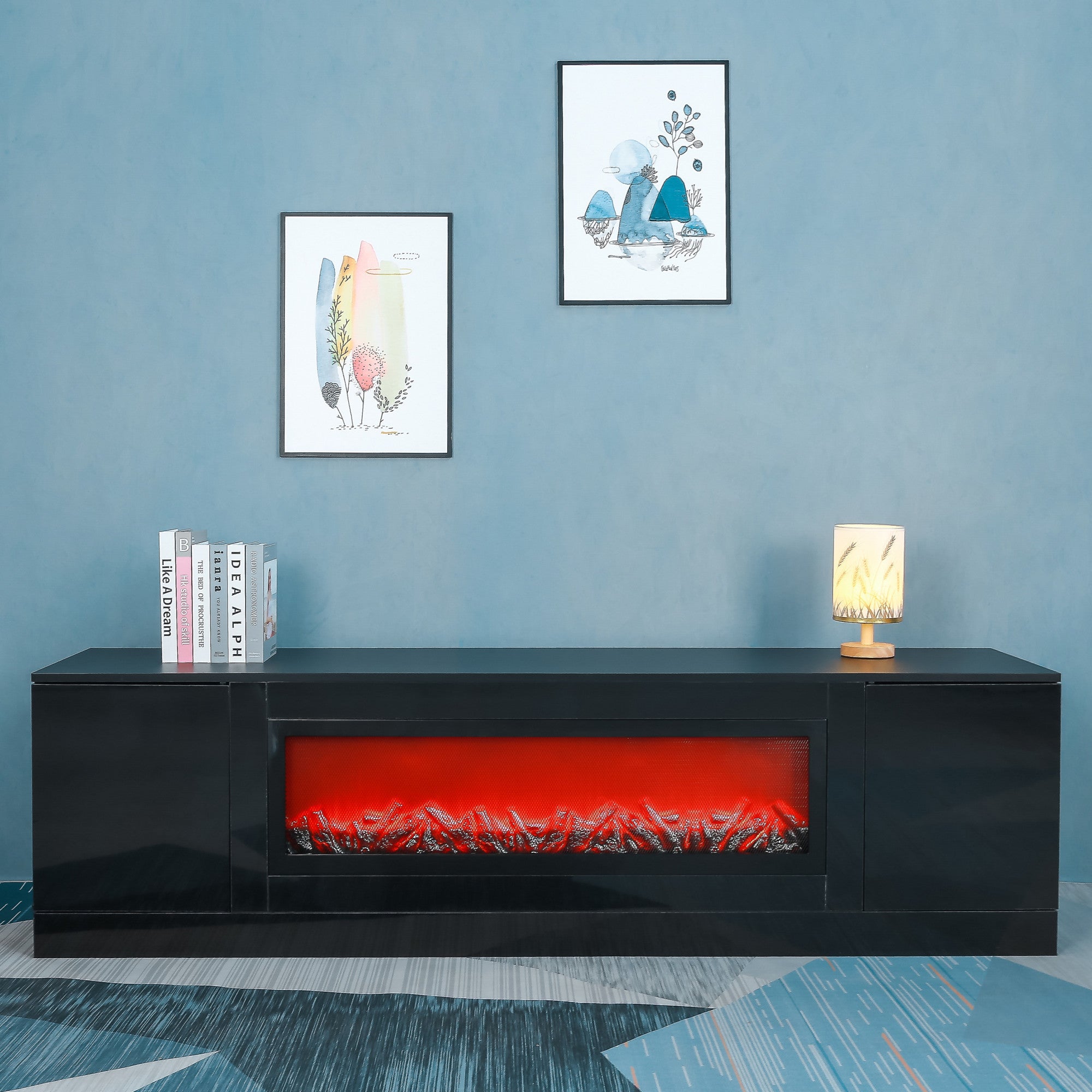 Living room furniture modern black electric fireplace TV stand with insert fireplace,without remote and heating - Atlantic Fine Furniture Inc