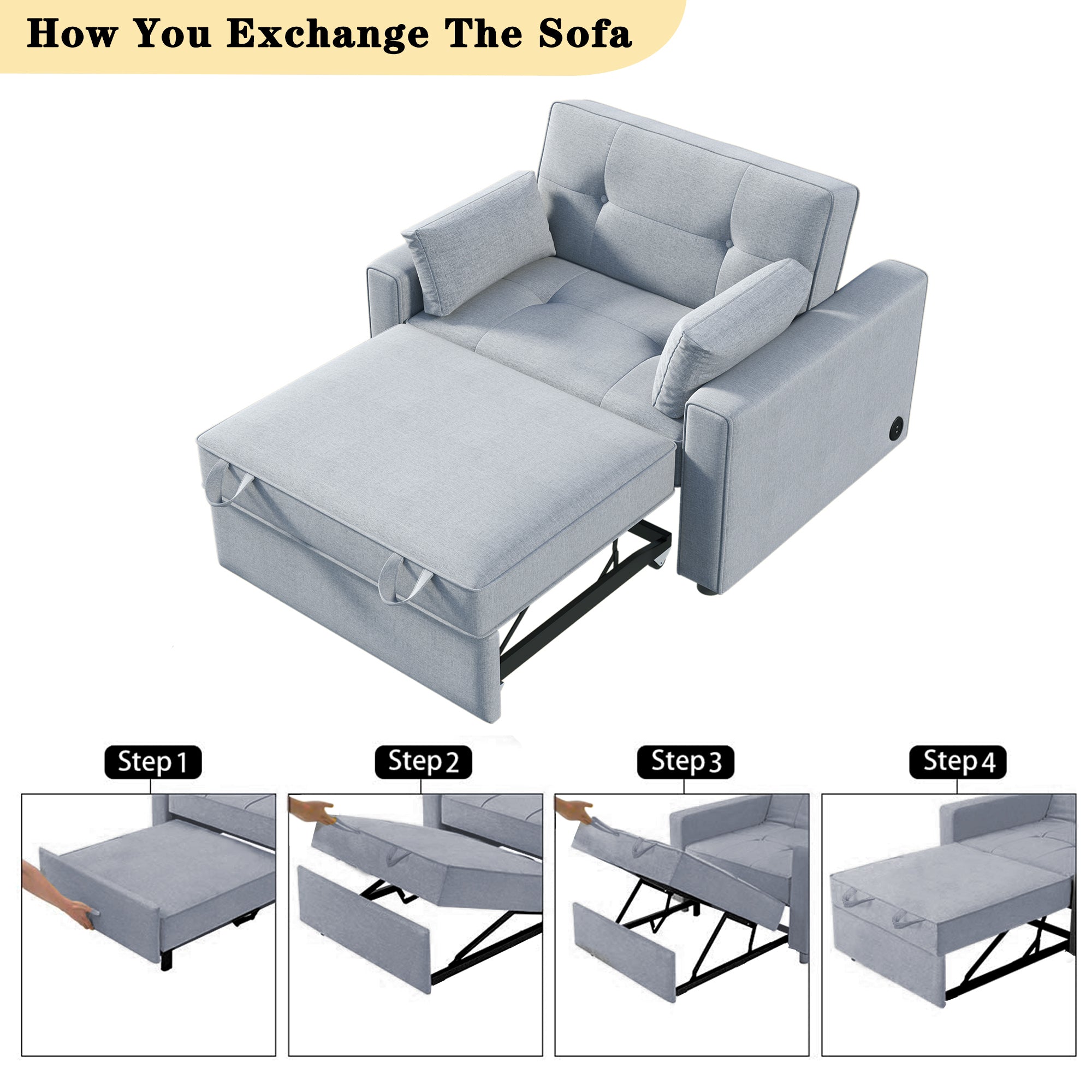 Orisfur. 48" Convertible Sleeper Sofa Bed, Multi-Functional Adjustable Single Bed Chair with USB Port and 2 Pillows for Small Space - Atlantic Fine Furniture Inc