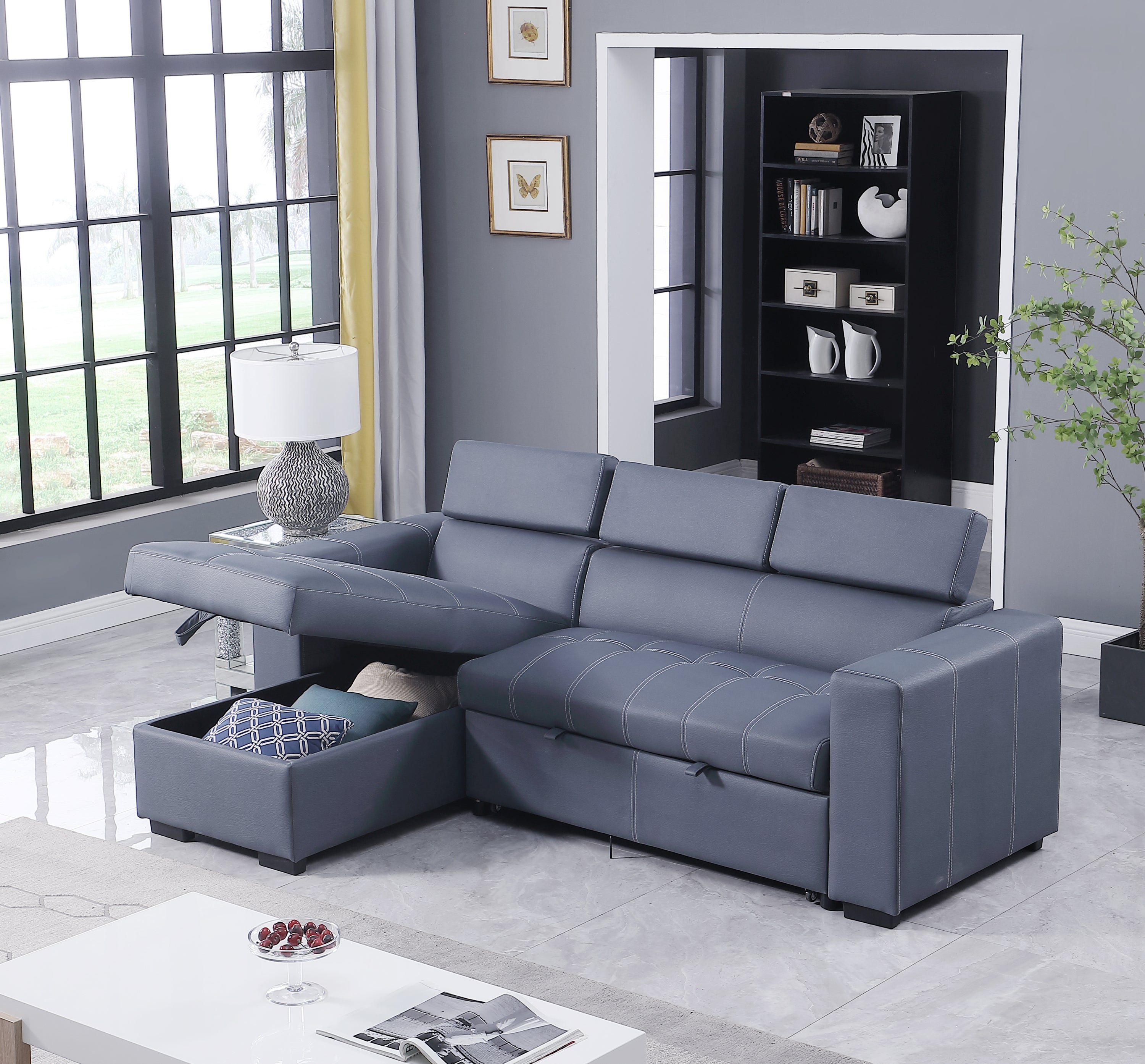 Revolution performance fabric, Reversible Sleeper Sectional Storage Sofa Bed, 3 Seat Both Left Handed And Right Handed (91x60.5x 33 inches) - Atlantic Fine Furniture Inc