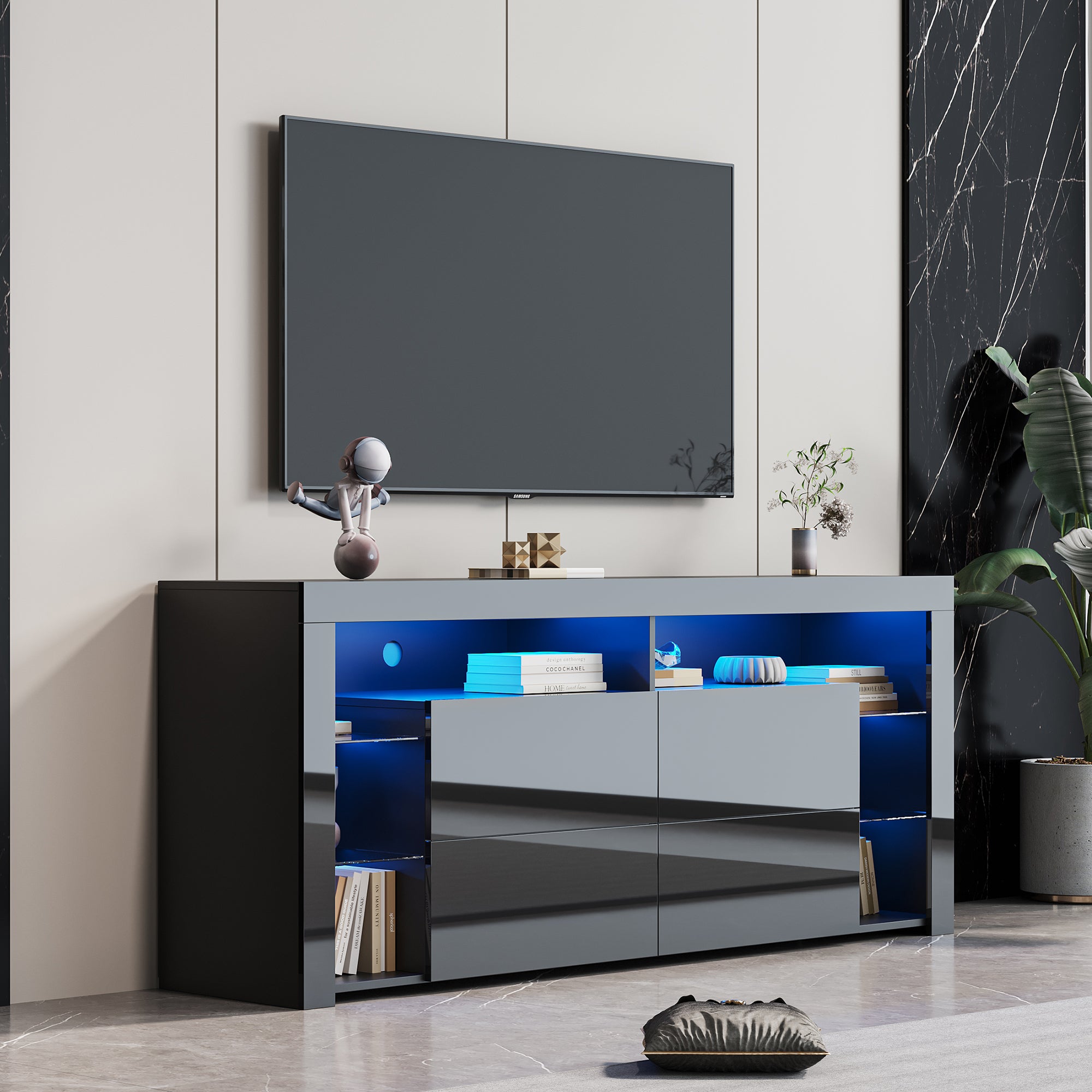 Black Modern contracted LED TV Cabinet with Storage Drawers,4 Storage Cabinet with Open Shelves for Living Room Bedroom - Atlantic Fine Furniture Inc