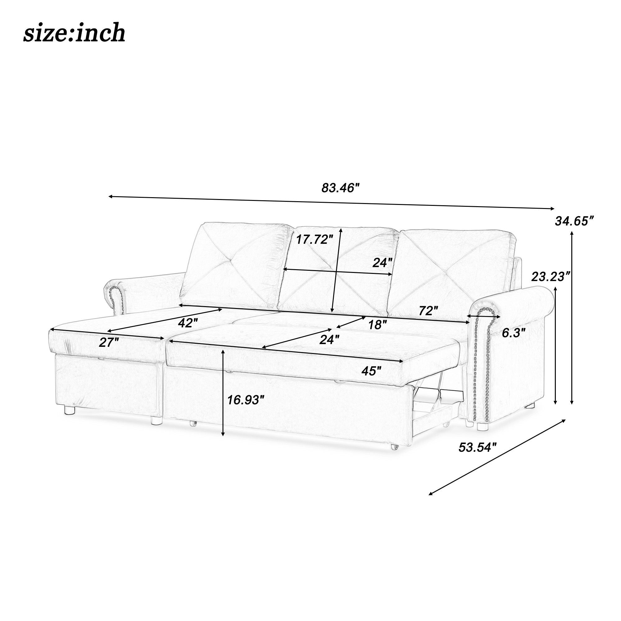 Orisfur. 83" Sleeper Sofa Bed Convertible Sectional Couch, 3-Seater L-Shape Corner Couch with Storage Chaise for Living Room Apartment - Atlantic Fine Furniture Inc