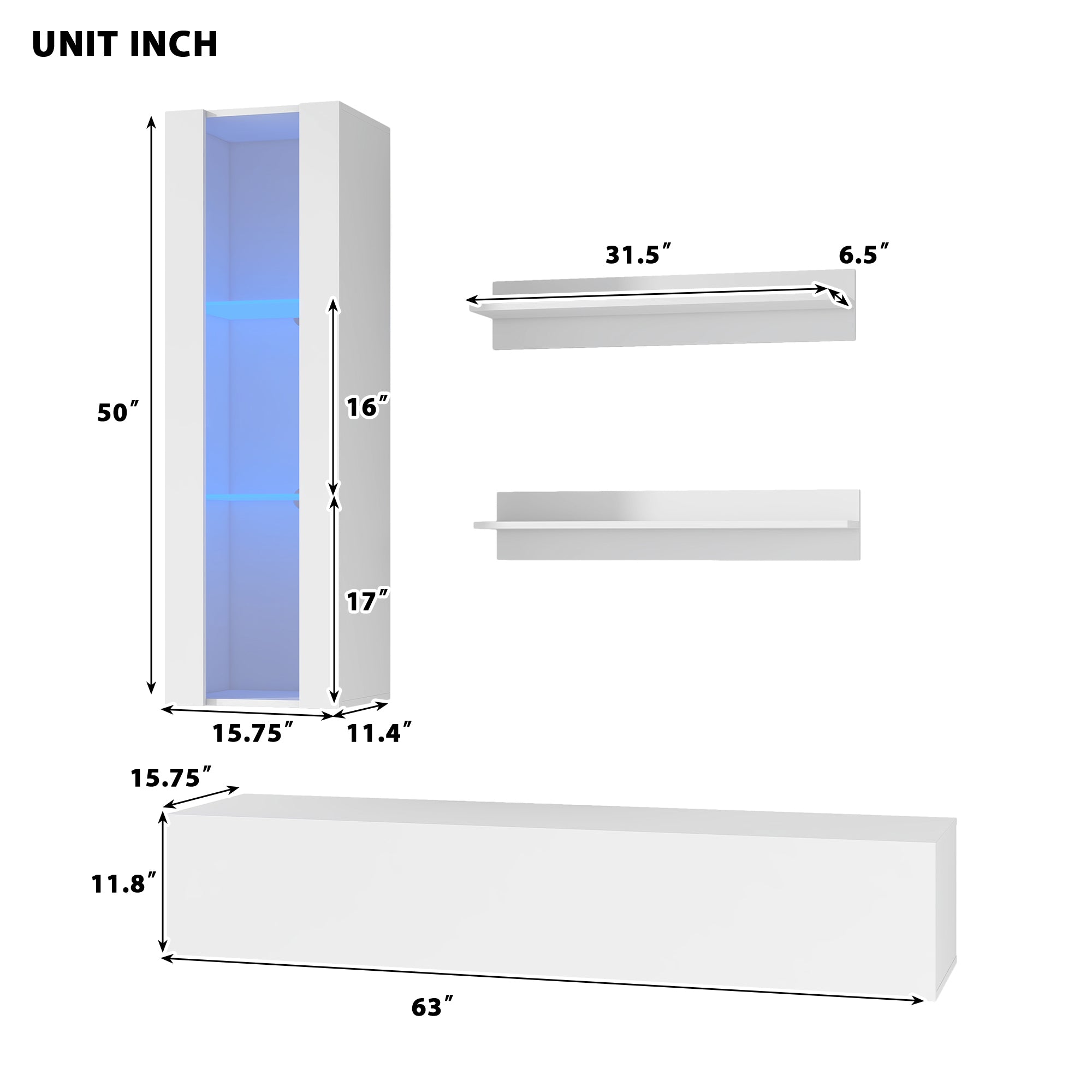 ON-TREND 4-Piece Wall Mount Floating TV Stand with See-through Media Storage Cabinet, Modern High Gloss Entertainment Center up to 70+ Inch TV, RGB Lights for Living Room, Home Theater, White - Atlantic Fine Furniture Inc
