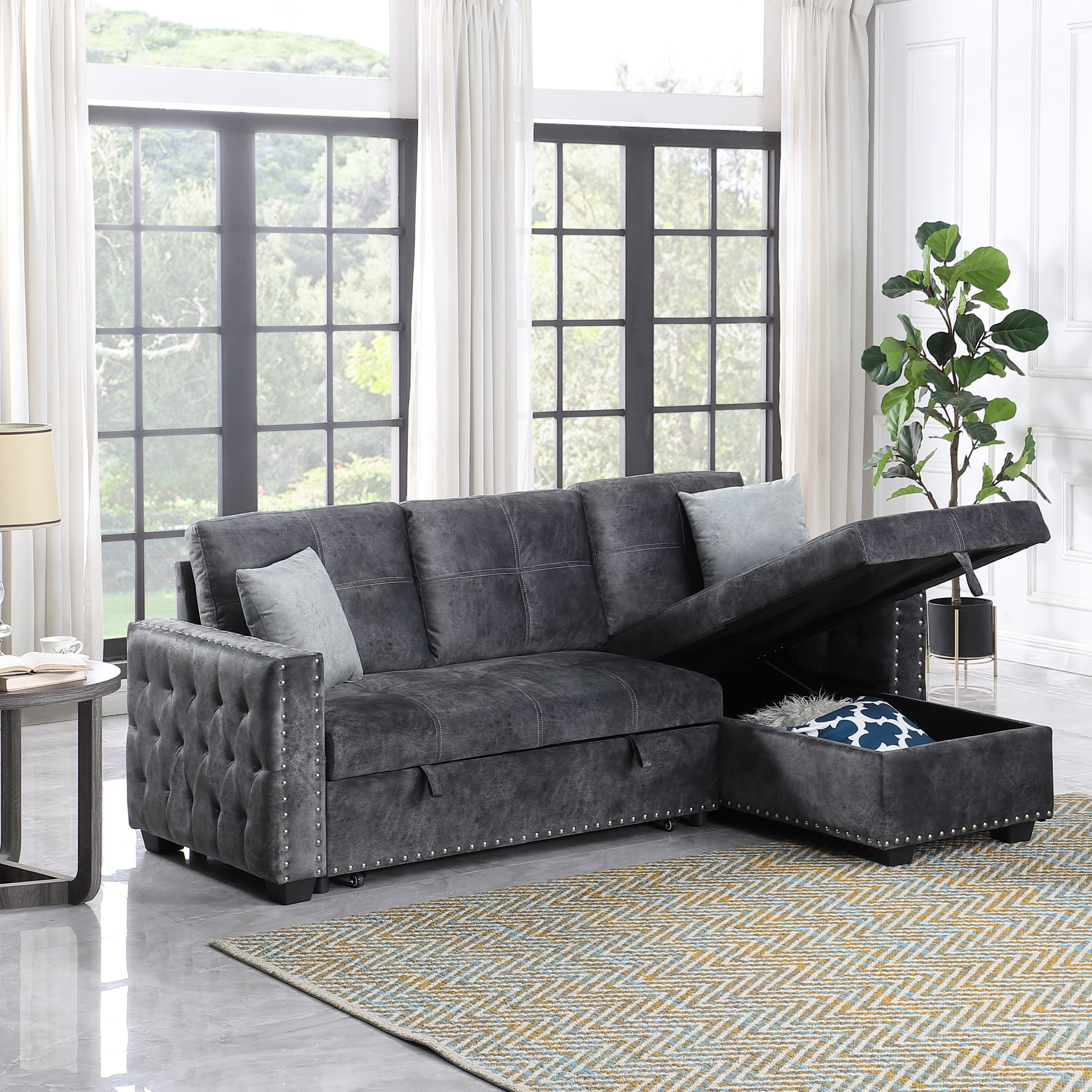 Reversible Sleeper Sectional Storage Sofa Bed,Corner Sofa-Bed With Storage,3 Seat Both Left Handed And Right Handed, Nailheaded - Atlantic Fine Furniture Inc