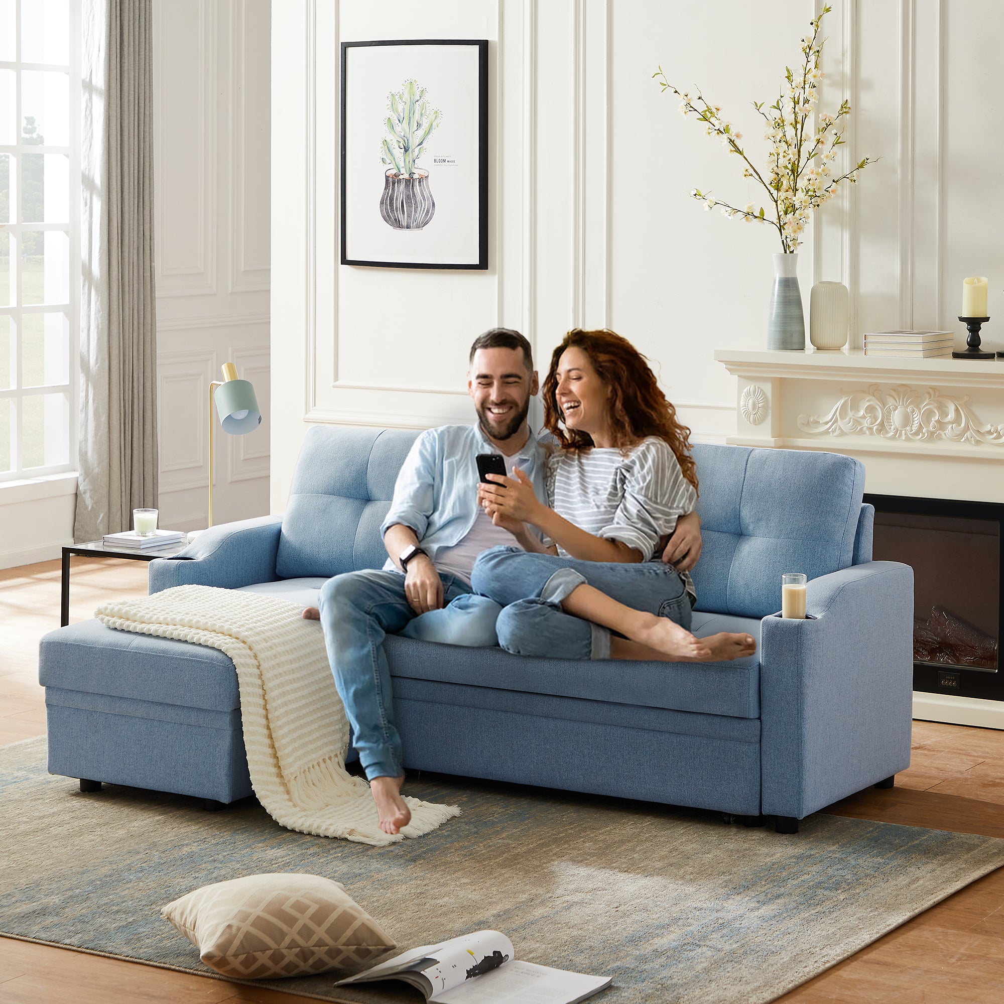 Orisfur. 81" Sleeper Sofa Bed Reversible Sectional Couch with Storage Chaise and Two Cup Holders for Living Room Furniture Set - Atlantic Fine Furniture Inc