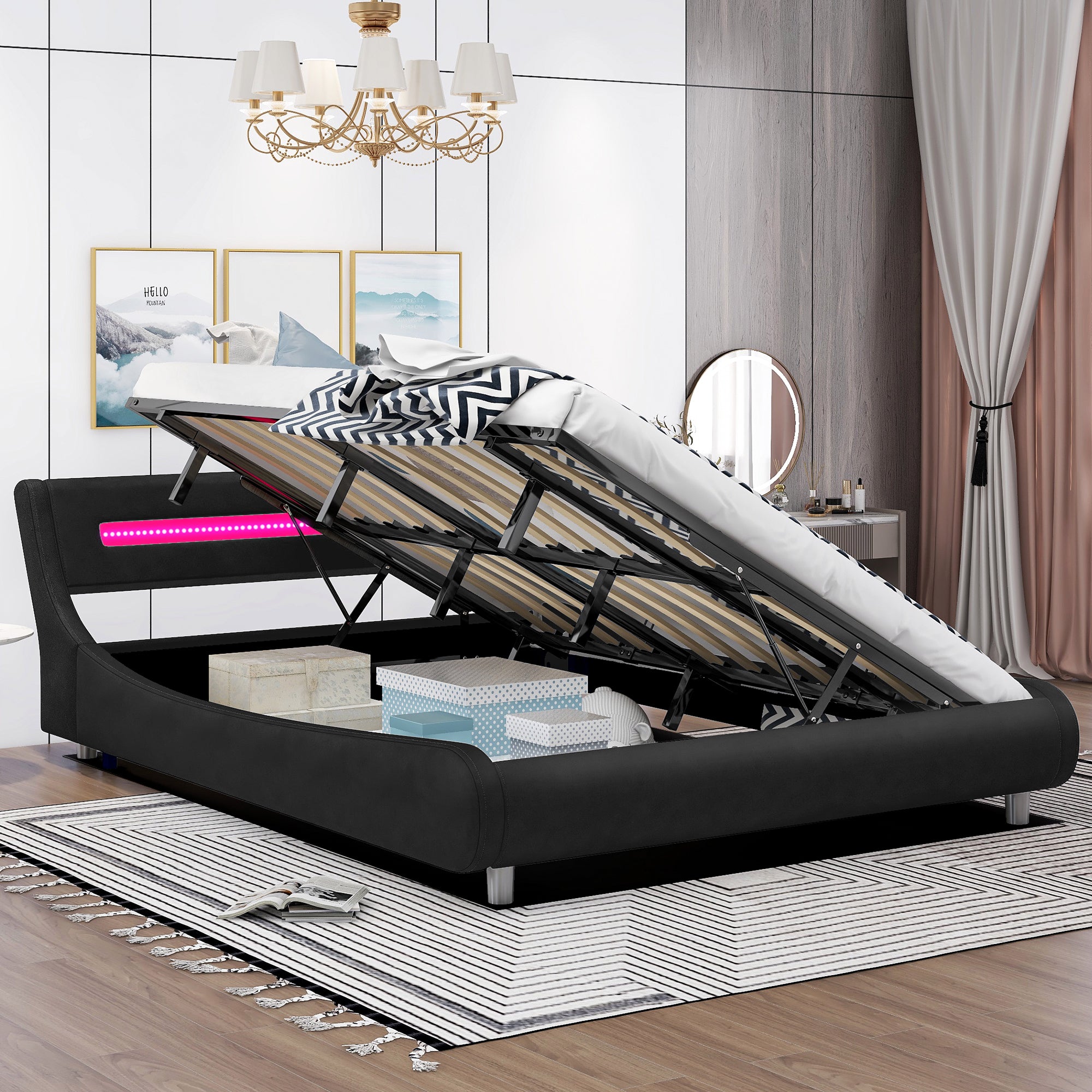 Queen Size Low Profile Upholstered Platform Bed with LED headboard,Black - Atlantic Fine Furniture Inc