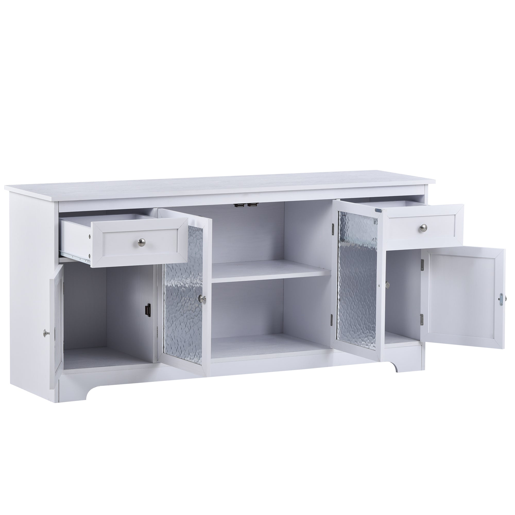U-Can TV Stand for TV up to 65in with 4 Doors Adjustable Panels Open Style Cabinet, Sideboard for Living room, White - Atlantic Fine Furniture Inc
