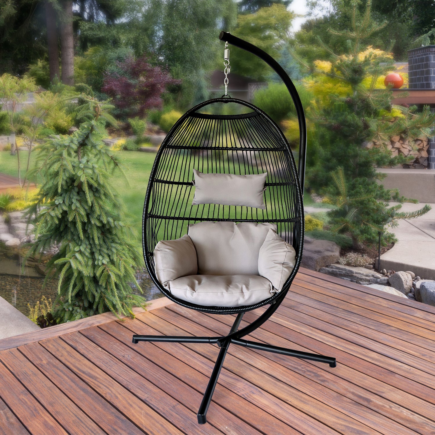 Hanging Egg Chair with Stand Outdoor Patio Swing Egg Chair Indoor Folding Egg Chair, Waterproof Cushion, Folding Rope Back, Heavy Duty C-Stand, 330LBS Capacity - Atlantic Fine Furniture Inc