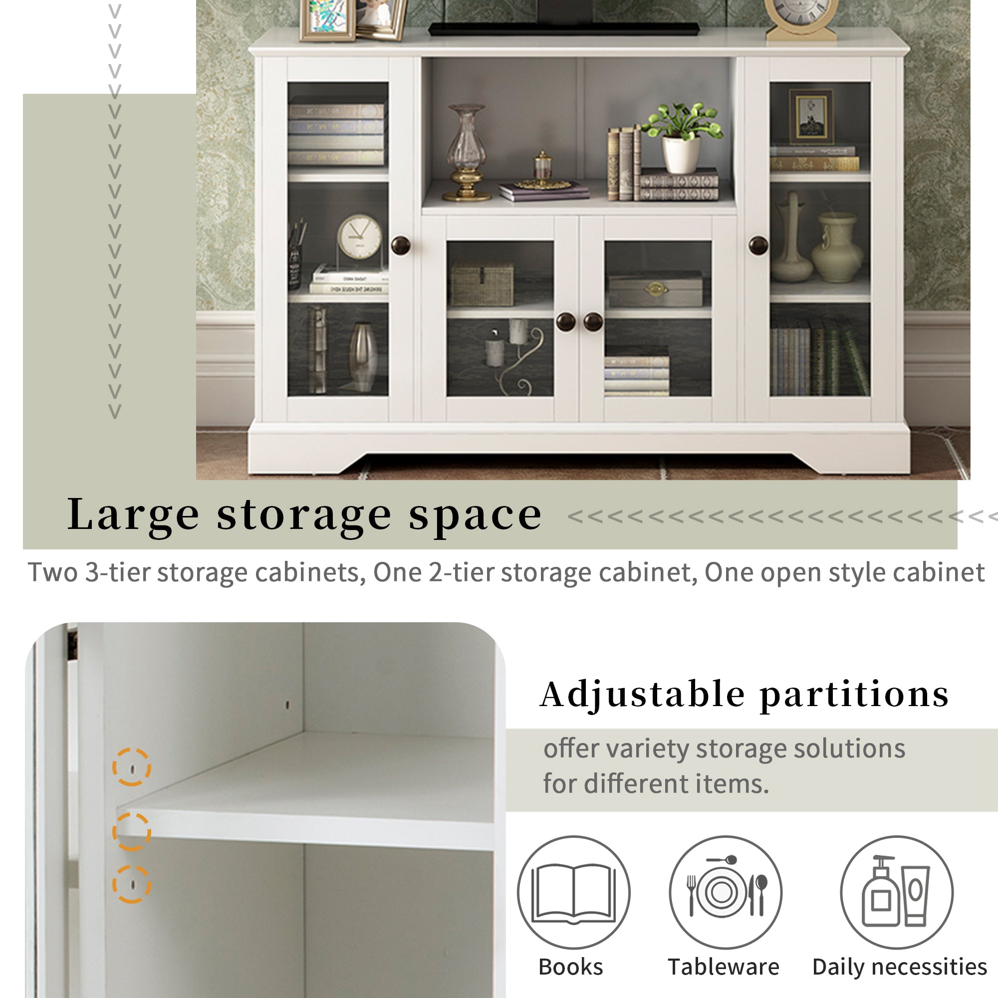 ON-TREND TV Stand for TV up to 60in with 4 Tempered Glass Doors Adjustable Panels Open Style Cabinet, Sideboard for Living room, White (OLD SKU:WF286785AAK) - Atlantic Fine Furniture Inc