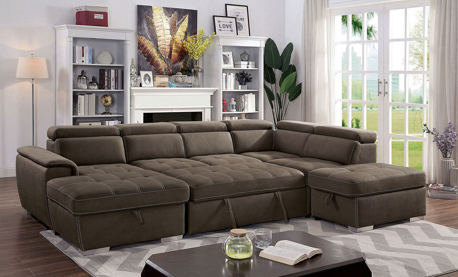 Living Room Sectional Light Brown Sectional Sofa Chaise w Storage Couch Ottoman Nabuck Fabric Pull out sleeper - Atlantic Fine Furniture Inc