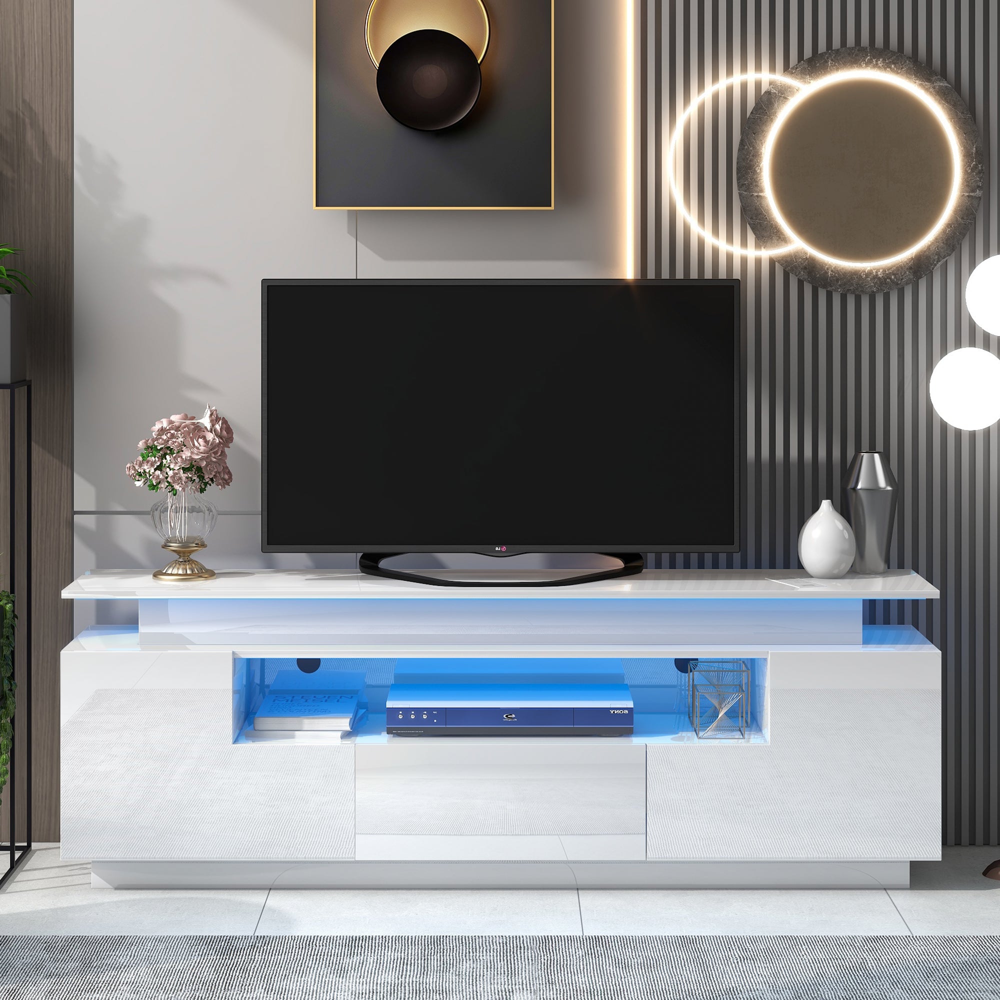 ON-TREND Modern, Stylish Functional TV stand with Color Changing LED Lights, Universal Entertainment Center, High Gloss TV Cabinet for 75+ inch TV, White - Atlantic Fine Furniture Inc