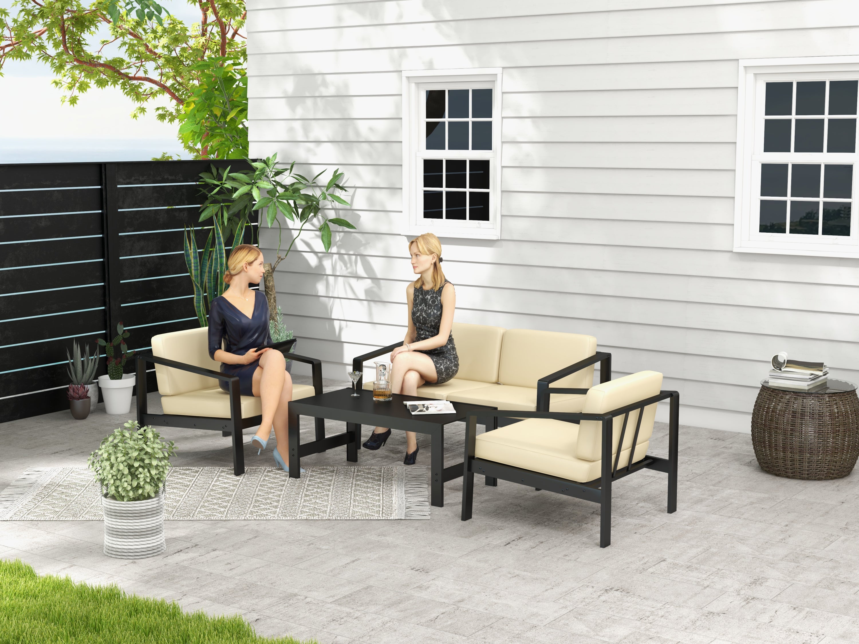 Outdoor Patio Furniture Single Armchair with Cushions in stripe for Restaurant Outdoor courtyard Garden Open-air balcony Poolside,Black aluminum fram,Modern Design - Atlantic Fine Furniture Inc