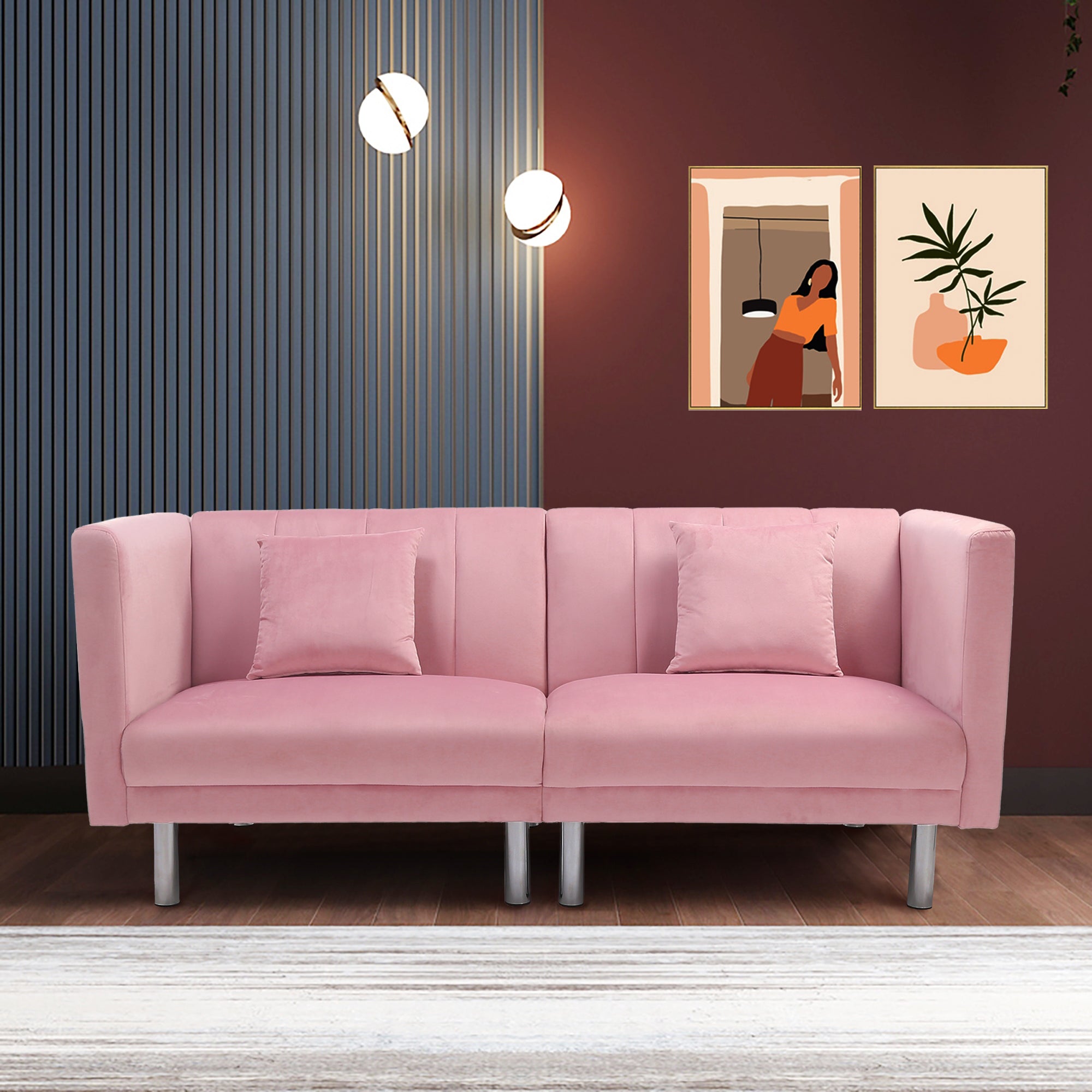 FUTON SOFA SLEEPER PINK VELVET METAL LEGS(W223S01121) - Atlantic Fine Furniture Inc
