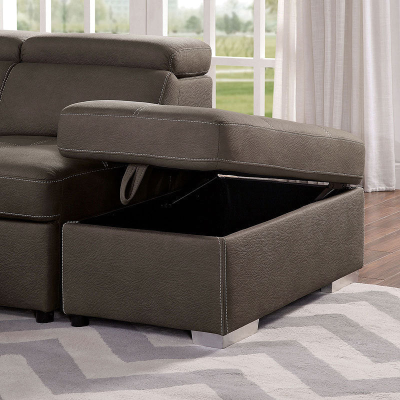 Living Room Sectional Light Brown Sectional Sofa Chaise w Storage Couch Ottoman Nabuck Fabric Pull out sleeper - Atlantic Fine Furniture Inc