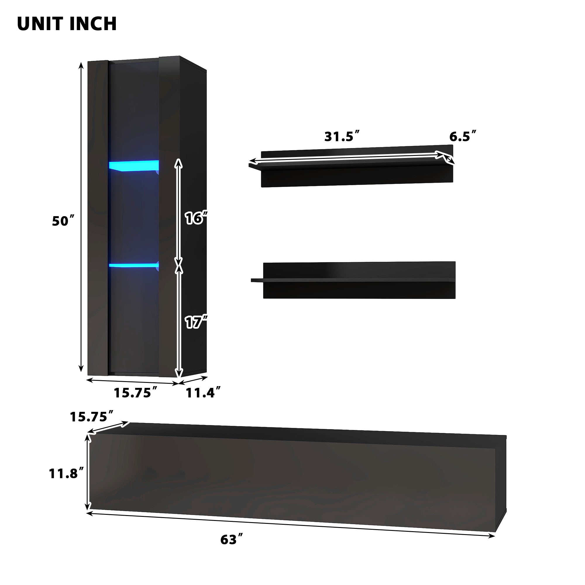 ON-TREND 4-Piece Wall Mount Floating TV Stand with See-through Media Storage Cabinet, Modern High Gloss Entertainment Center up to 70+ Inch TV, RGB Lights for Living Room, Home Theater, Black - Atlantic Fine Furniture Inc