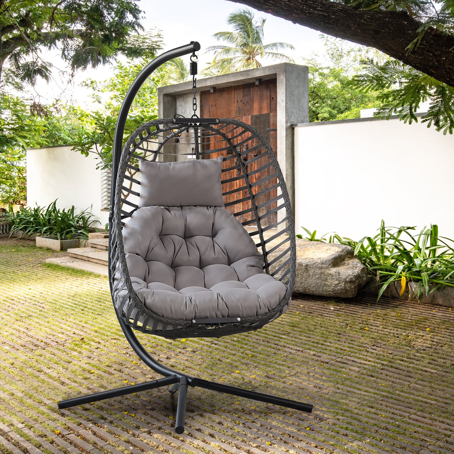 Rattan Weather Resistant Foldable Hanging Hammock Egg Chair with Stand for Patio - Atlantic Fine Furniture Inc