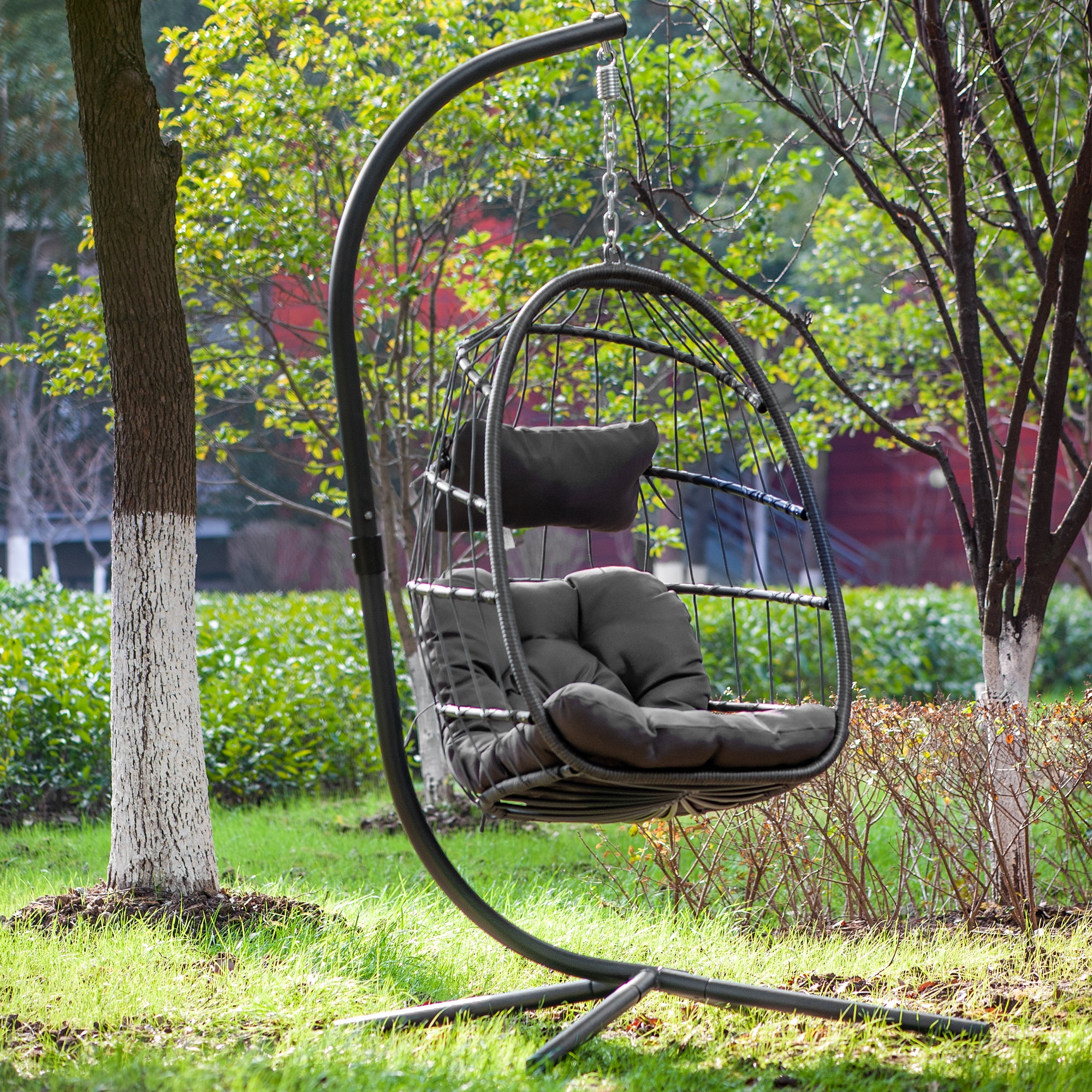 In door outdoor patio Wicker Hanging Chair Swing Chair Patio Egg Chair UV Resistant Dark grey cushion Aluminum frame - Atlantic Fine Furniture Inc