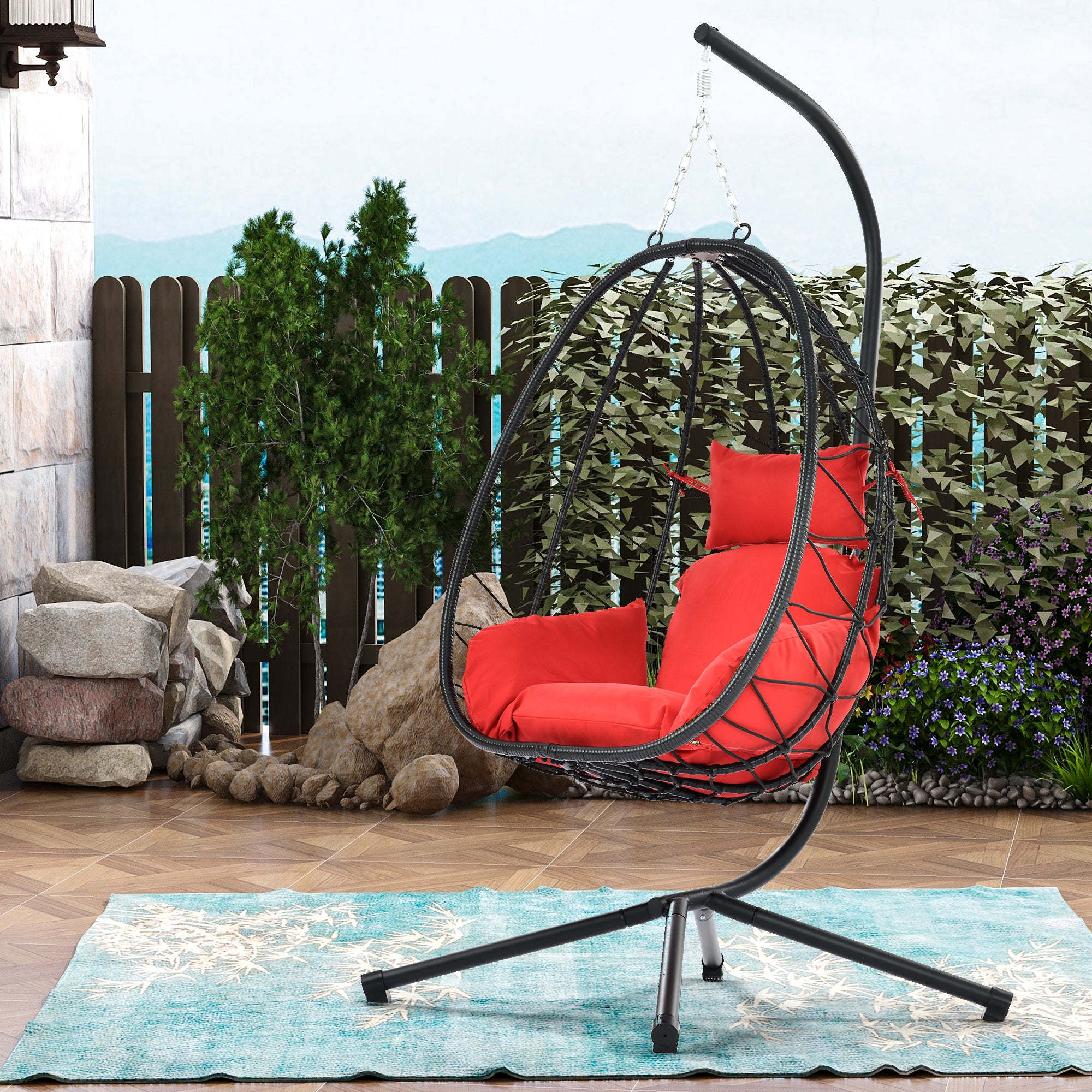 Egg Chair with Stand Indoor Outdoor Swing Chair Patio Wicker Hanging Egg Chair Hanging Basket Chair Hammock Chair with Stand for Bedroom Living Room Balcony - Atlantic Fine Furniture Inc