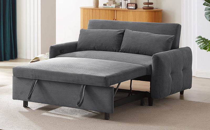 Pull - Out Sofa Bed Convertible Couch 2 Seat Loveseat Sofa Modern Sleeper Sofa With Two Throw Pillows And USB Ports For Living Room, Dark Grey