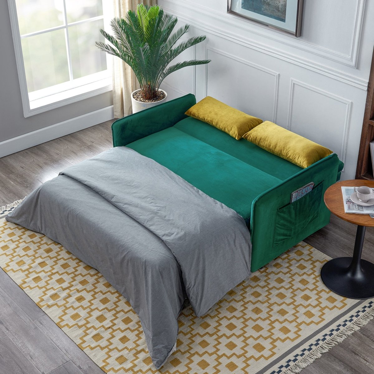 57"Modern Velvet Sofa with Pull-Out Sleeper Bed with 2 Pillows Adjustable Backrest for living room or office, 2 Big side pocket,Green - Atlantic Fine Furniture Inc