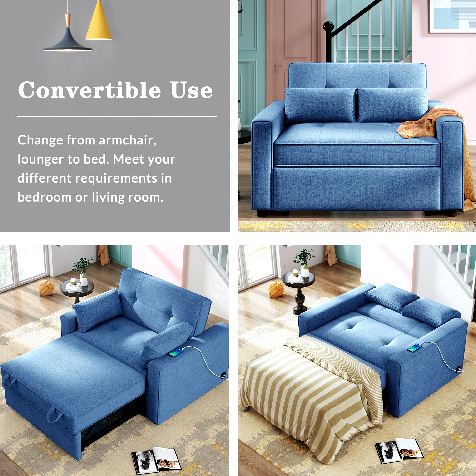 Orisfur. 48" Convertible Sleeper Sofa Bed, Multi-Functional Adjustable Single Bed Chair with USB Port and 2 Pillows for Small Space - Atlantic Fine Furniture Inc