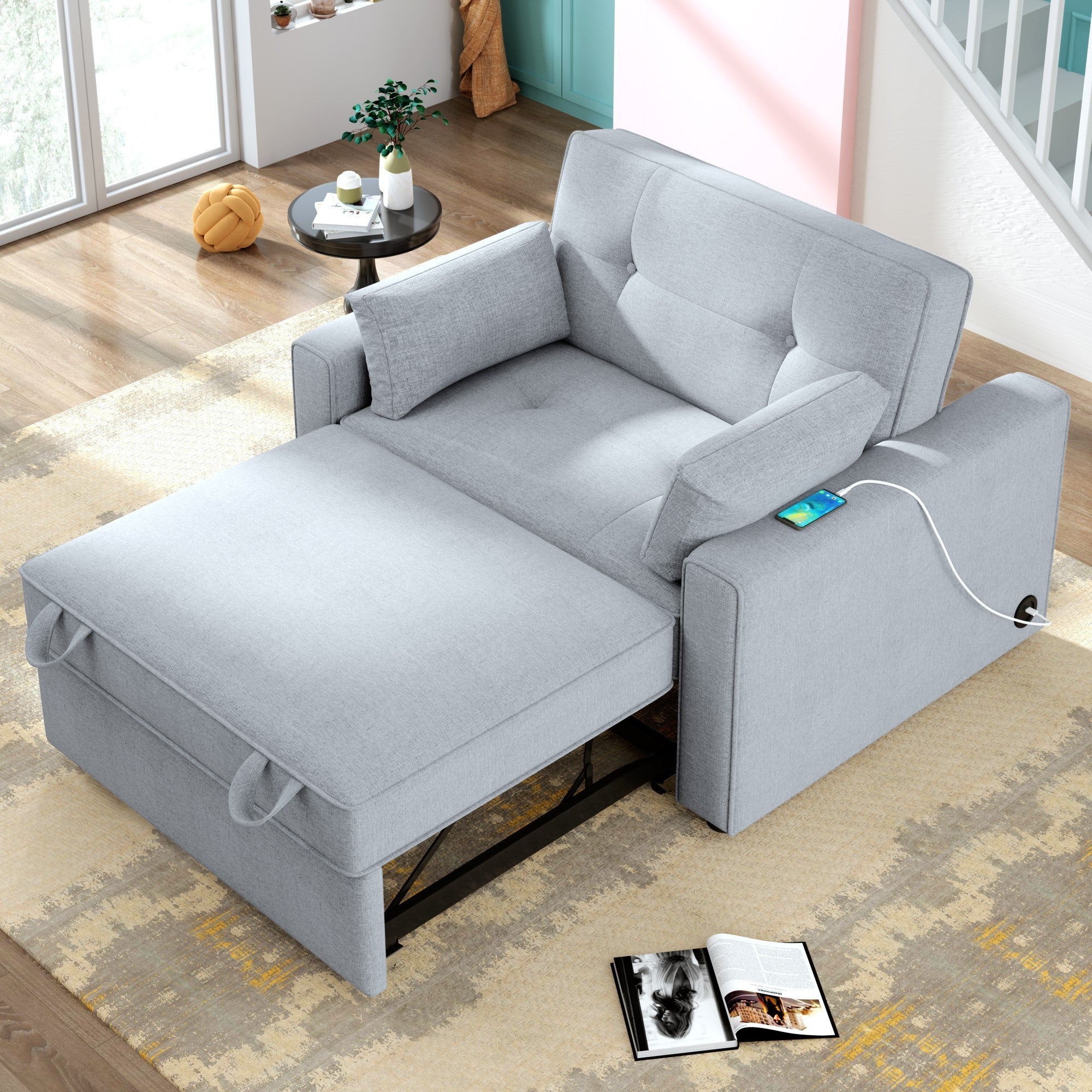 Orisfur. 48" Convertible Sleeper Sofa Bed, Multi-Functional Adjustable Single Bed Chair with USB Port and 2 Pillows for Small Space - Atlantic Fine Furniture Inc