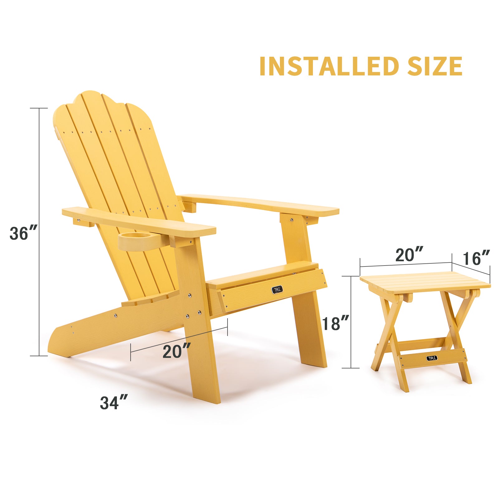 TALE Adirondack Chair Backyard Furniture Painted Seating with Cup Holder All-Weather and Fade-Resistant Plastic Wood for Lawn Outdoor Patio Deck Garden Porch Lawn Furniture Chairs Yellow - Atlantic Fine Furniture Inc