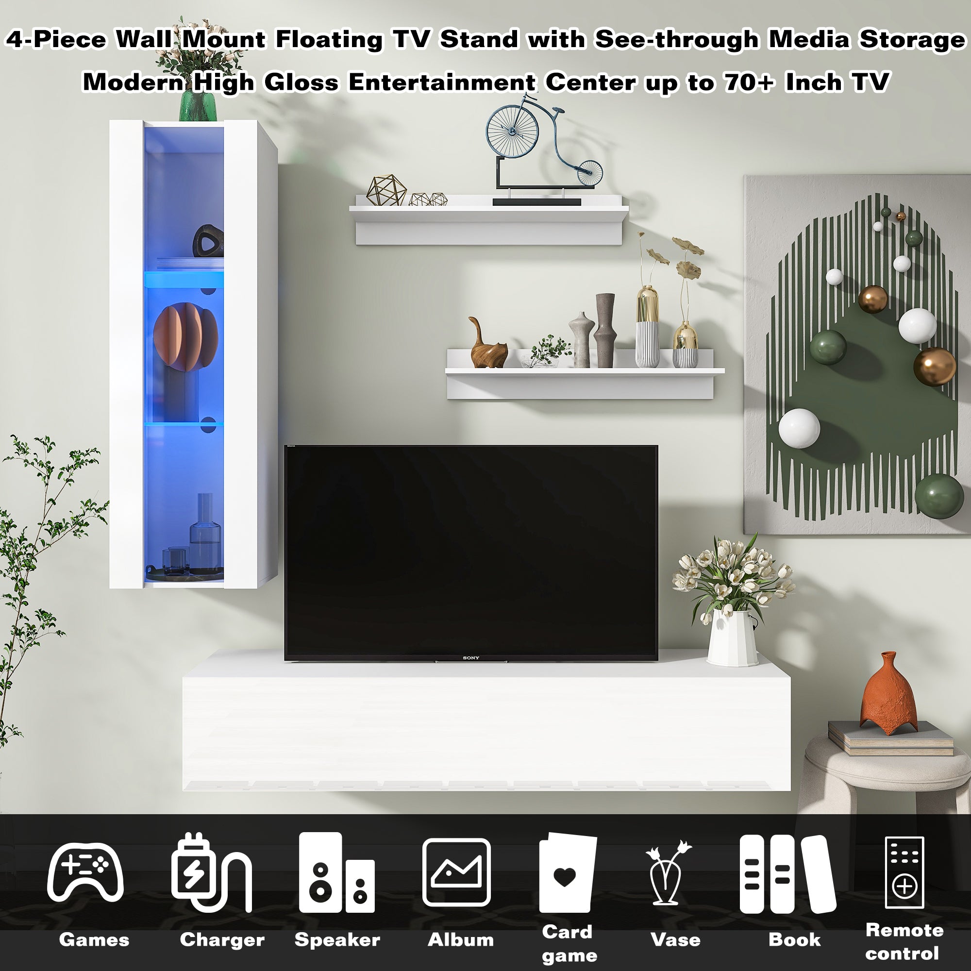 ON-TREND 4-Piece Wall Mount Floating TV Stand with See-through Media Storage Cabinet, Modern High Gloss Entertainment Center up to 70+ Inch TV, RGB Lights for Living Room, Home Theater, White - Atlantic Fine Furniture Inc