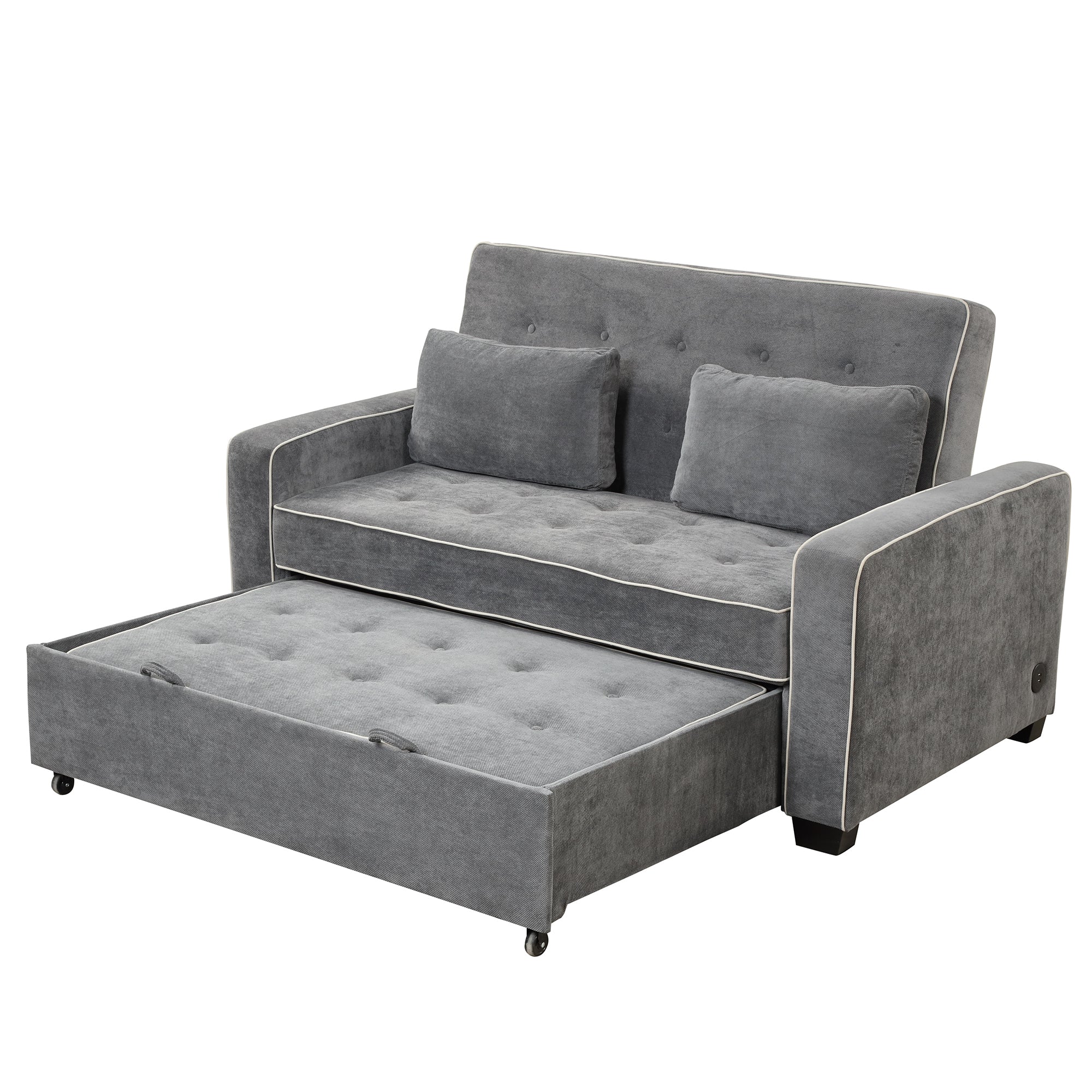 Linen Upholstered Sleeper Bed , Pull Out Sofa Bed Couch attached two throw pillows,Dual USB Charging Port and Adjustable Backrest for Living Room Space,Gray - Atlantic Fine Furniture Inc