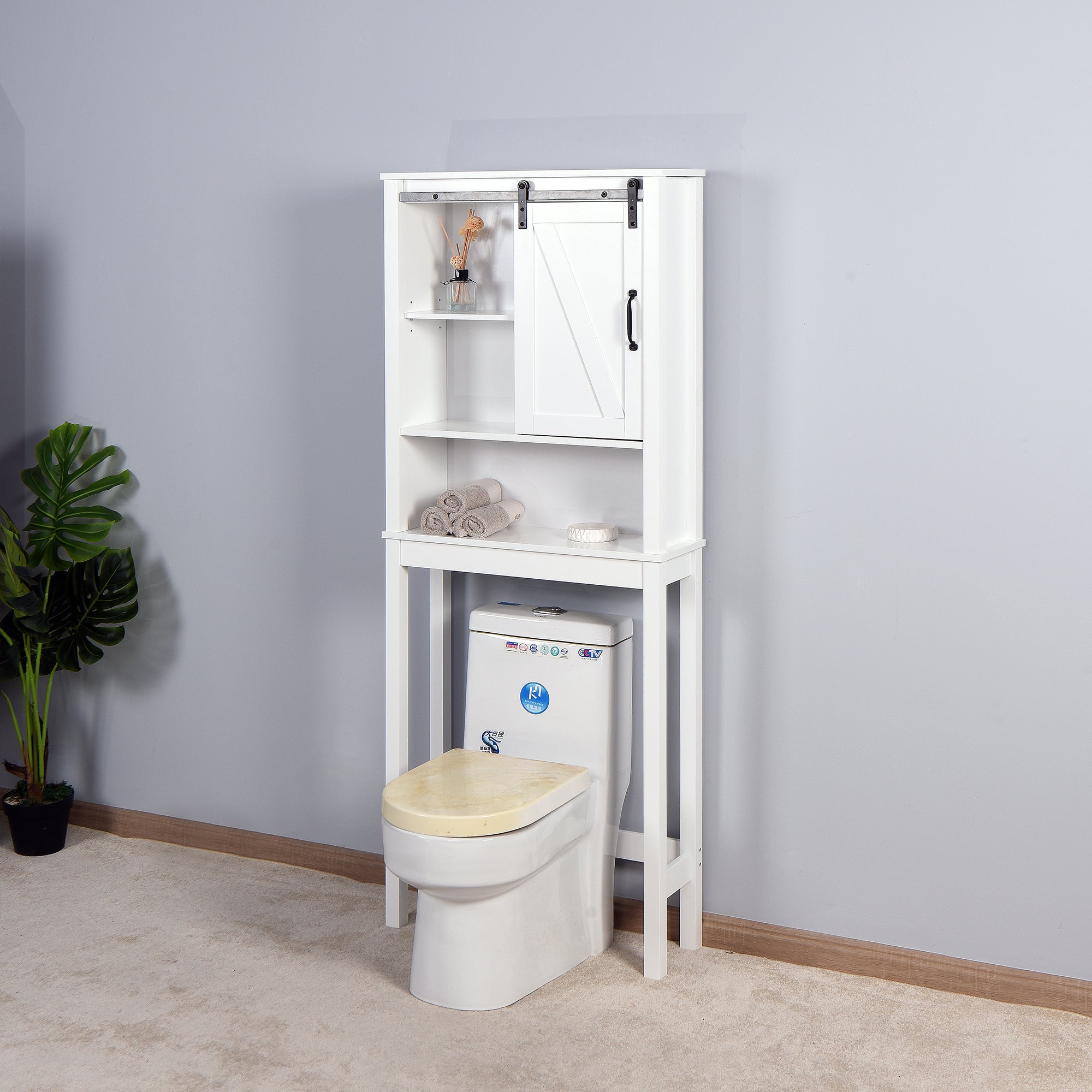 Over-the-Toilet Storage Cabinet, Space-Saving Bathroom Cabinet, with Adjustable Shelves and A Barn Door 27.16 x 9.06 x 67 inch - Atlantic Fine Furniture Inc