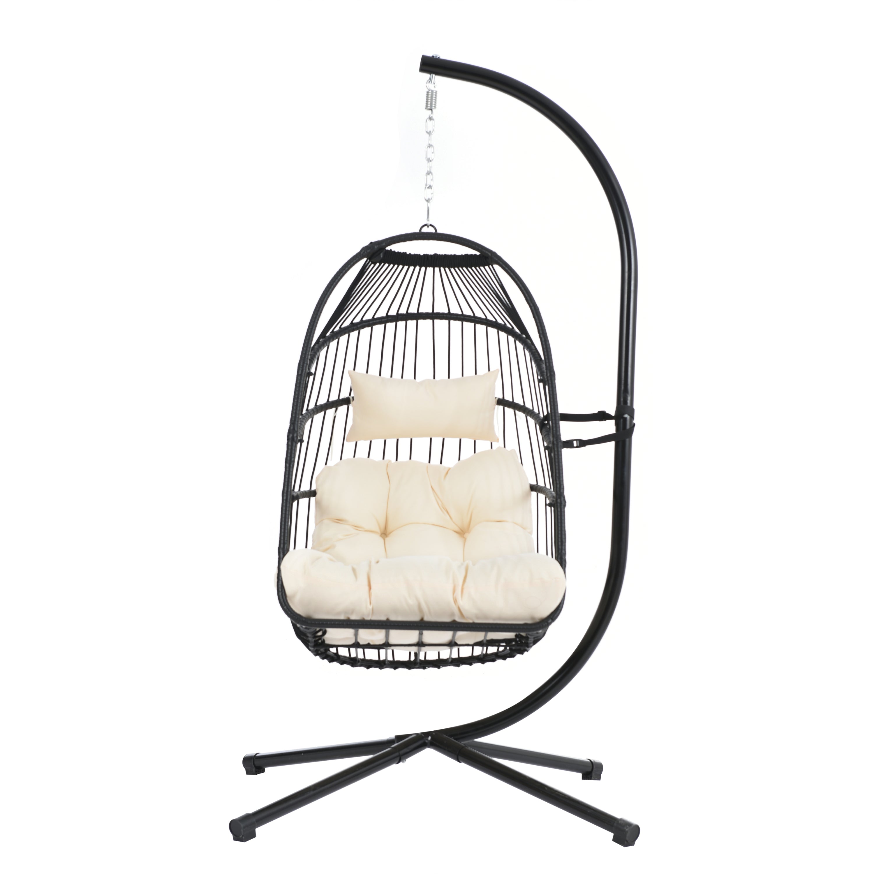 TOPMAX Patio Foldable Swing Chair Porch PE Wicker Egg Hanging Chair Hammock Chair w/Stand and Cushion for Outdoor Balcony Indoor Bedroom, Beige - Atlantic Fine Furniture Inc