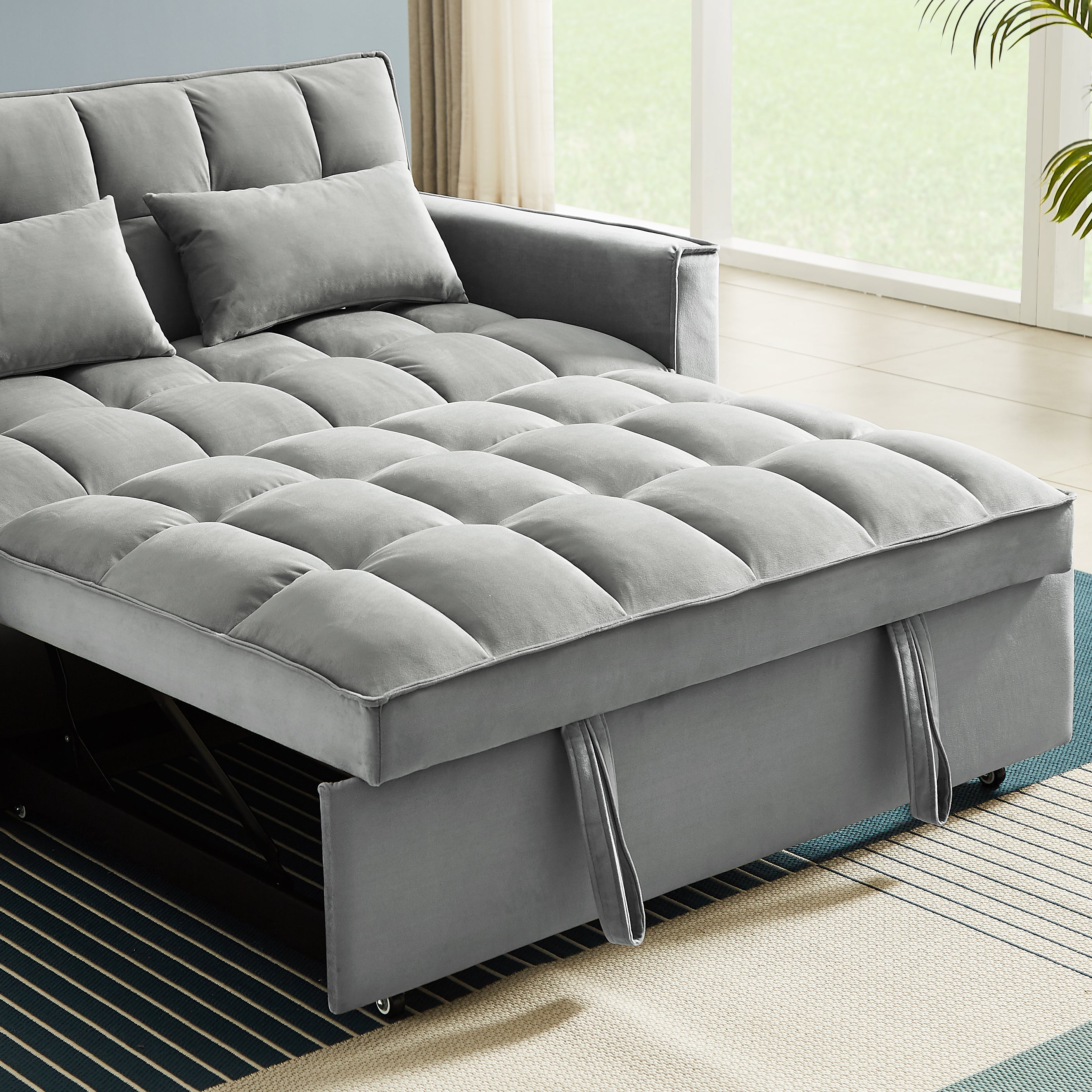 Modern Velvet Convertible Loveseat Sleeper Sofa Couch with Adjustable Backrest, 2 Seater Sofa With Pull-Out Bed with 2 Lumbar Pillows For Small Living Room & Apartment - Atlantic Fine Furniture Inc