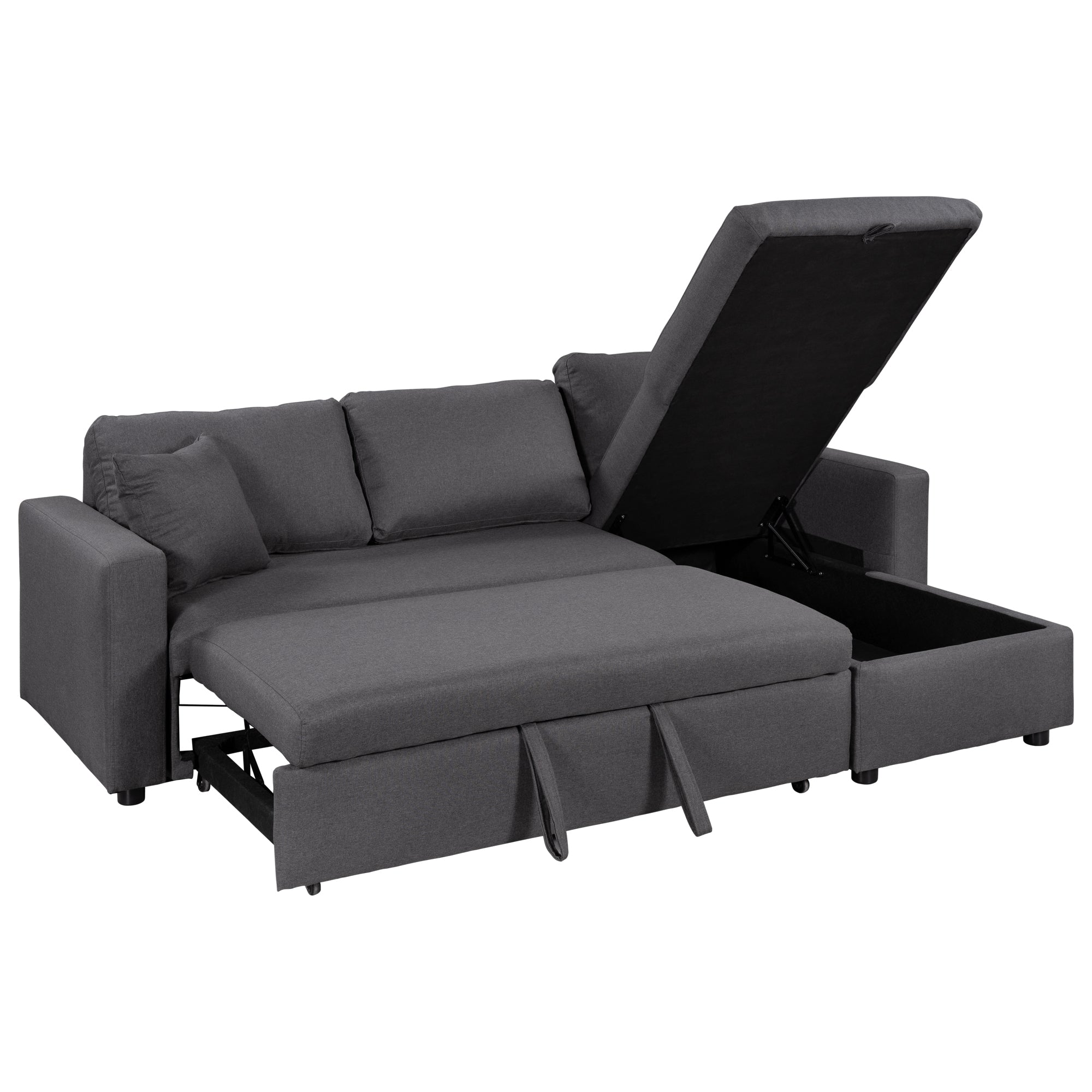 U_STYLE Upholstery Sleeper Sectional Sofa Grey with Storage Space, 2 Tossing Cushions - Atlantic Fine Furniture Inc