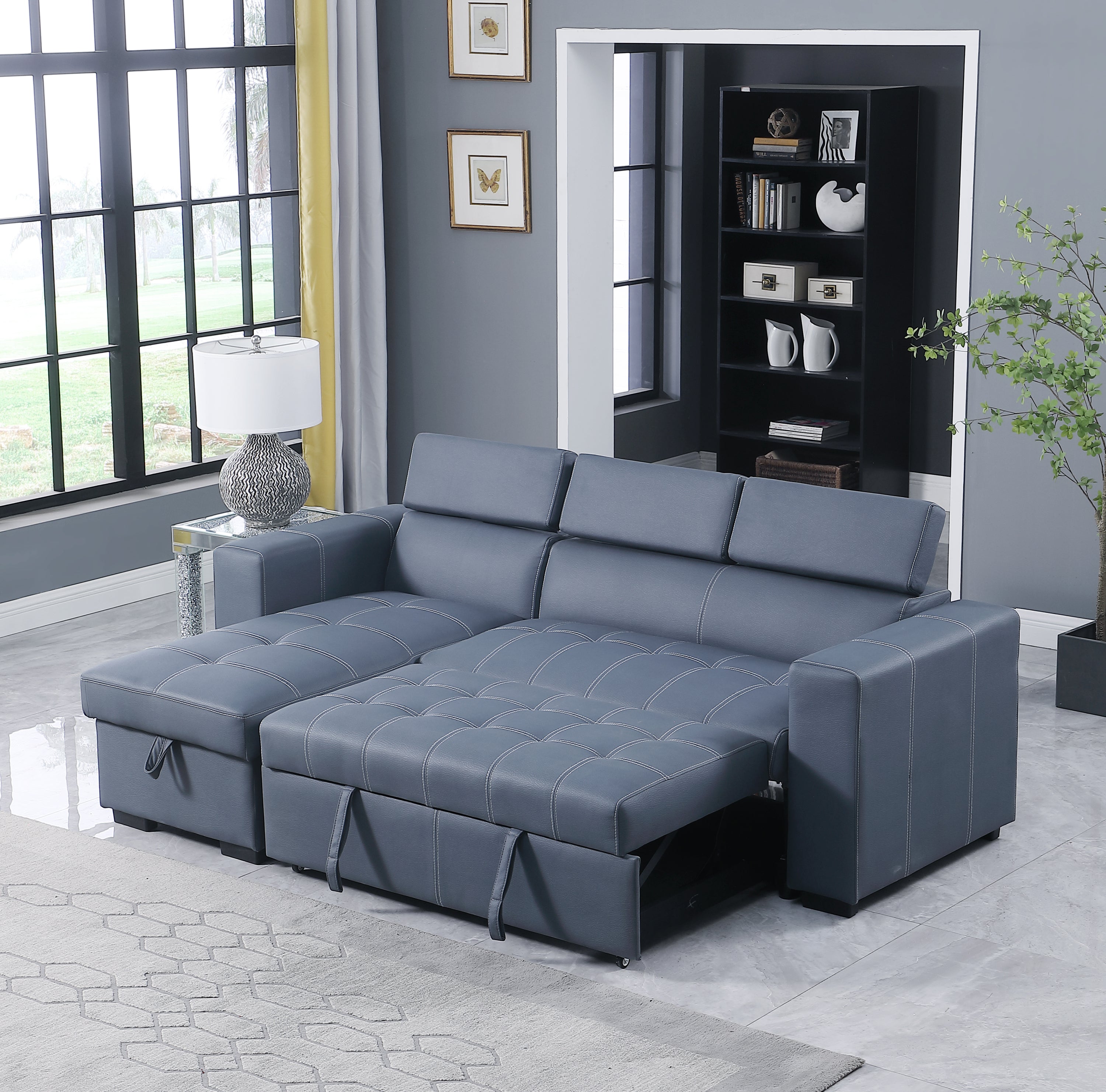 Revolution performance fabric, Reversible Sleeper Sectional Storage Sofa Bed, 3 Seat Both Left Handed And Right Handed (91x60.5x 33 inches) - Atlantic Fine Furniture Inc