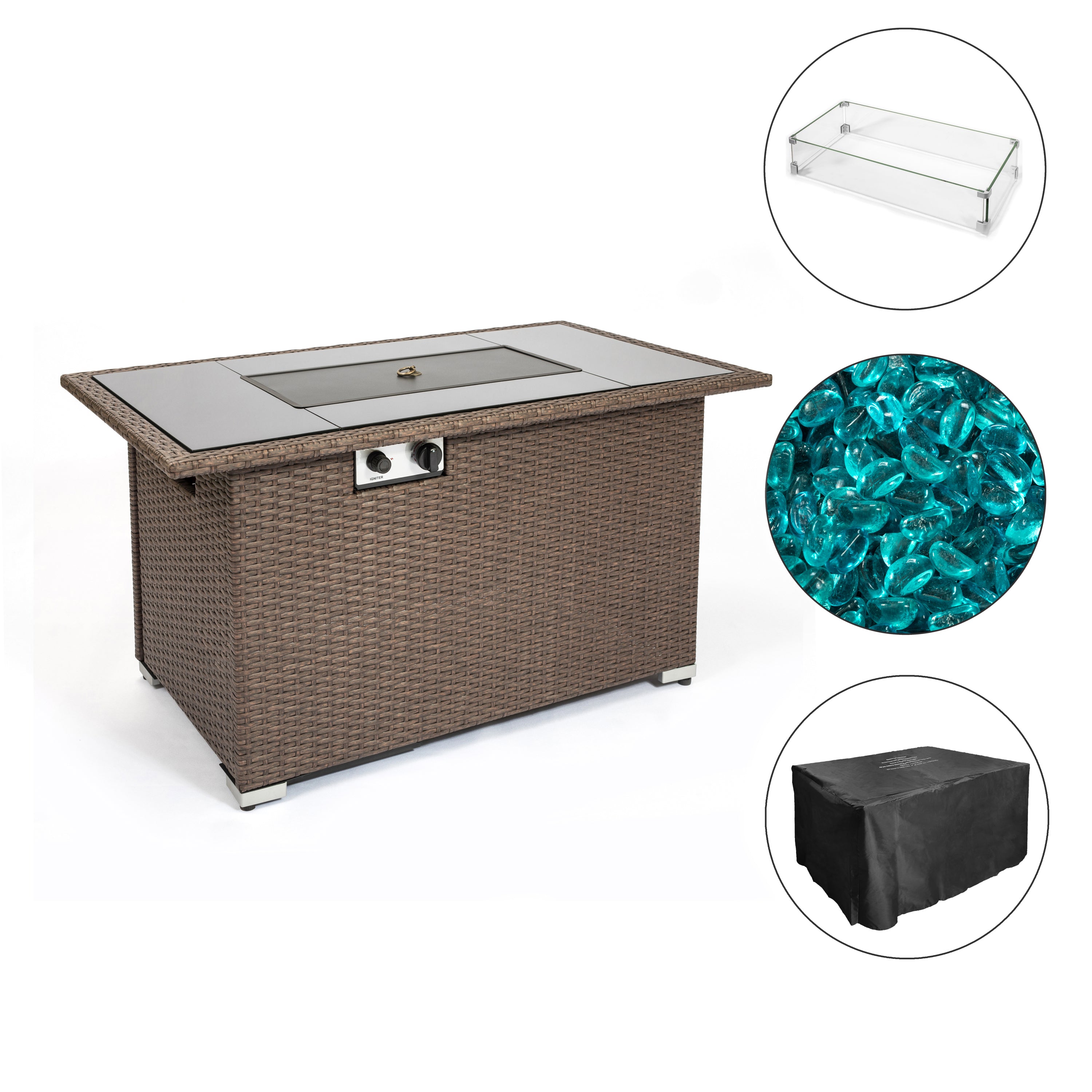 Outdoor 44" Propane Fire pit Table Rectangle 50,000 BTU with 8mm Tempered Glass Tabletop & Blue Stone& Steel table lid &Table waterproof dusty Cover ,ETL Certification (Brown) - Atlantic Fine Furniture Inc