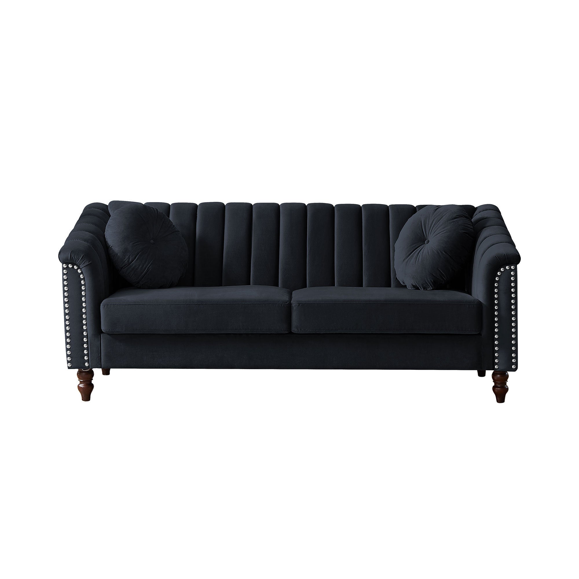 MH Modern Velvet Upholstered Sofa Couch, 3 Seat Tufted Back with Nail Arms, Solid wood Legs, Sleeper Sofa for Living Room, Compact Living Space, Apartment, Bonus Room, Black - Atlantic Fine Furniture Inc