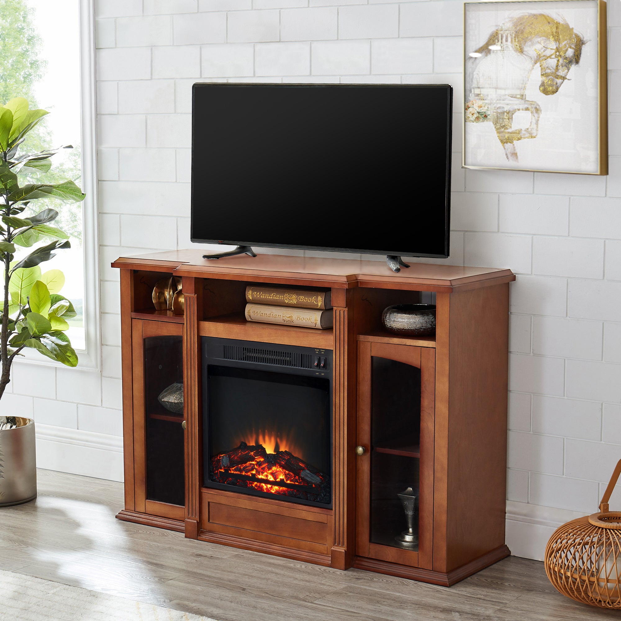 Modern Electric Fireplace TV Stand, Fit up to 55" Flat Screen TV with Two Tempered Glass Storage Cabinet and Adjustable Shelves Wood Veneer TV Console for Living Room, Cherry - Atlantic Fine Furniture Inc