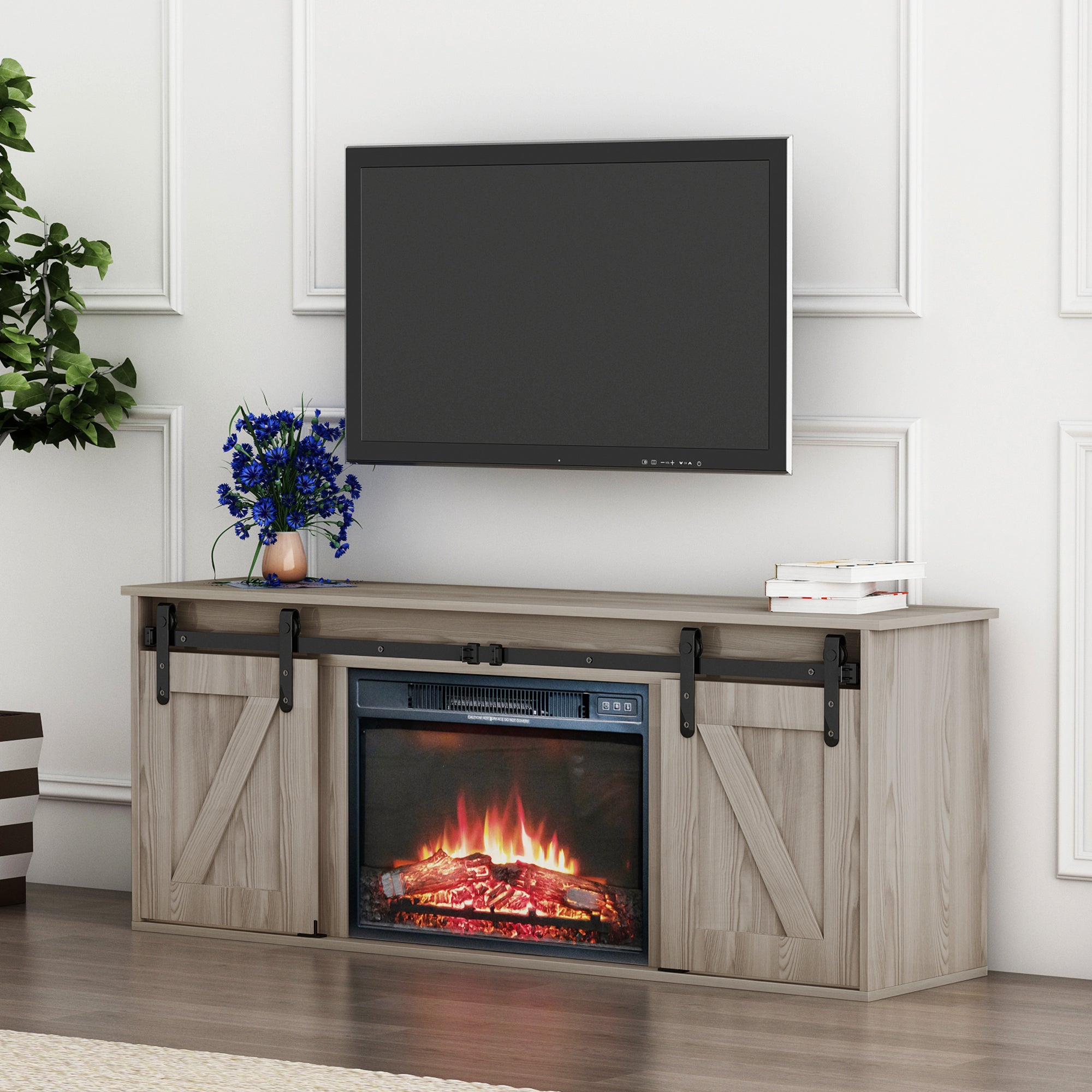 The television cabinet with an electronic fireplace,with Farmhouse Sliding Barn Door ,for TV up to 65 Inch Flat Screen MediaConsoleTable StorageCabinetWood Entertainment CenterSturdycolour:Washed Gray - Atlantic Fine Furniture Inc