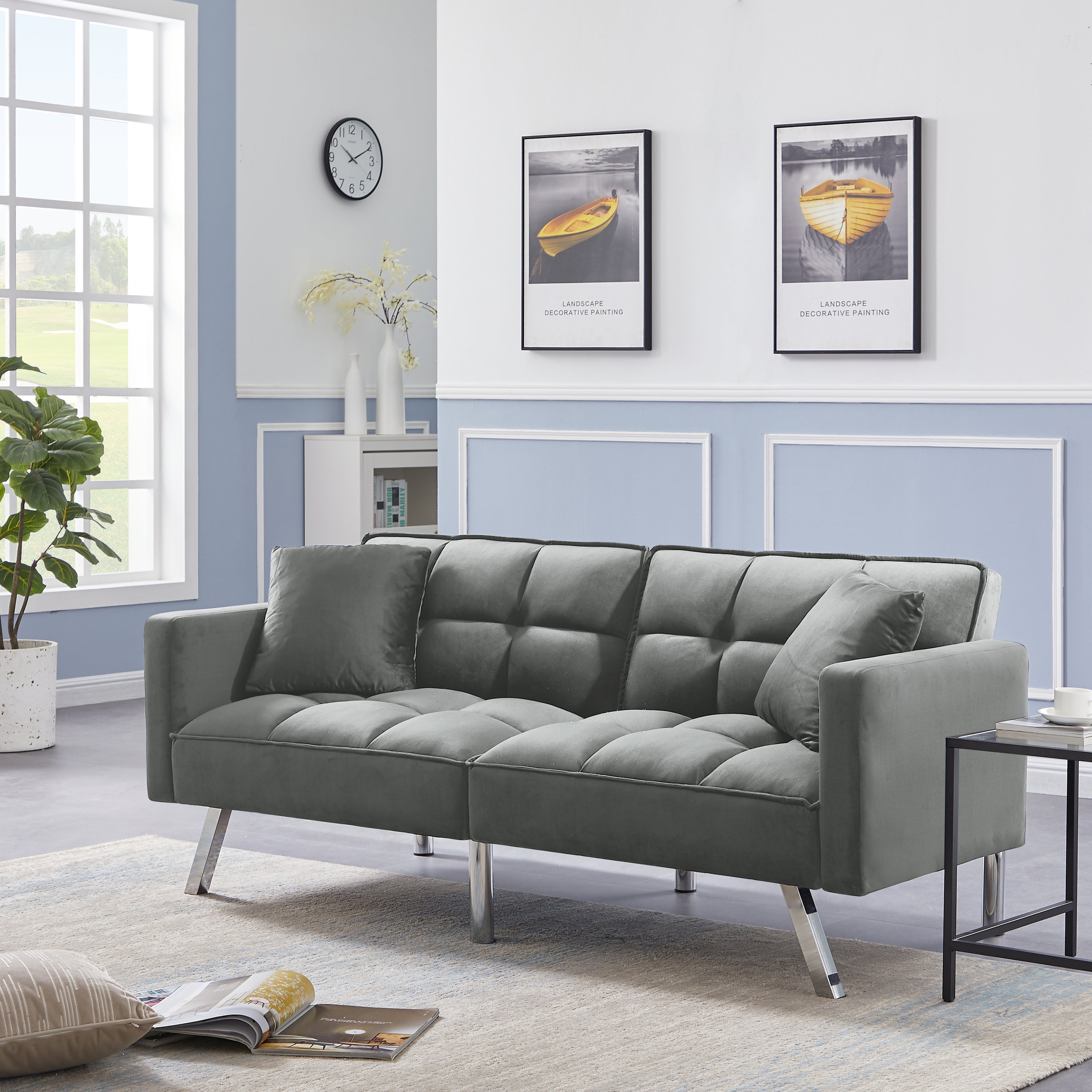 FUTON SOFA SLEEPER GREY VELVET WITH 2 PILLOWS(same asW223S01431、W223S01464。Size difference, See Details in page.
) - Atlantic Fine Furniture Inc